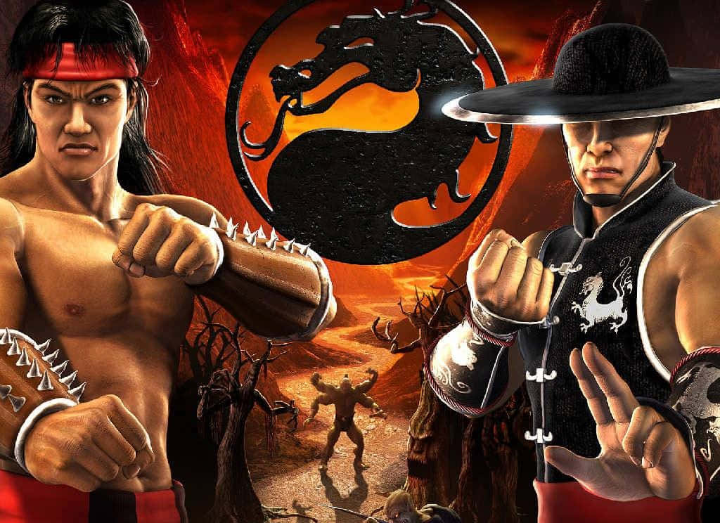 Mortal Kombat Liu Kang 桌布 壁紙 — 兩名武術家以戰鬥姿勢對峙，背景是火焰和Mortal Kombat龍標誌。