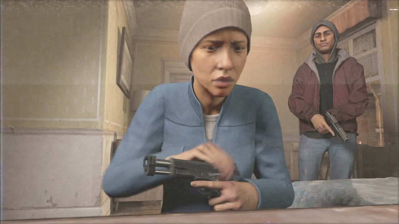 Half-life Characters 桌布 壁紙 — 兩名武裝人士在緊張的室內對峙中，一人在前景手持手槍，另一人站在她身後，兩人都戴著連帽衫或冷帽。