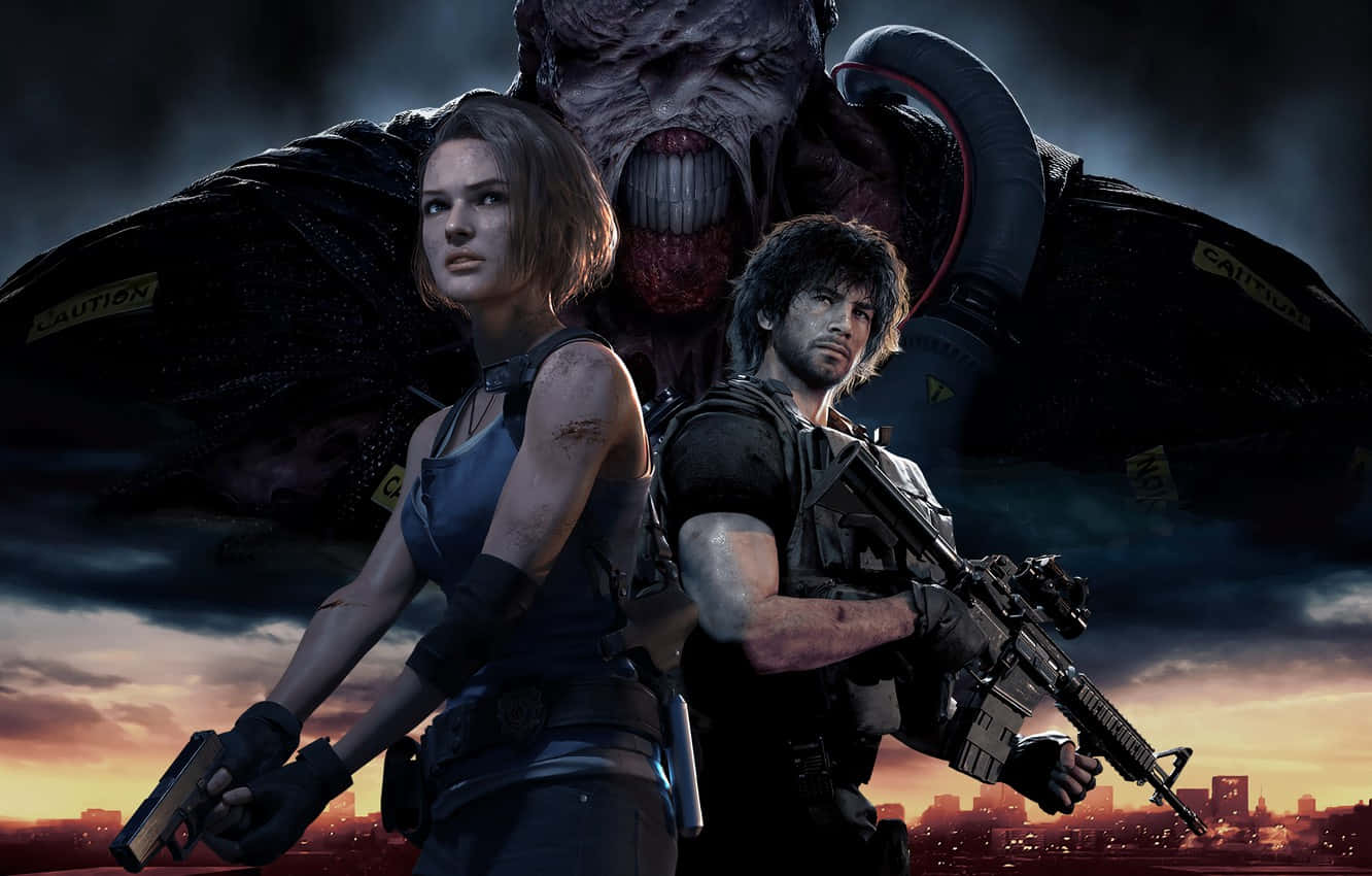 Resident Evil Characters 桌布 壁紙 — 兩名武裝倖存者在日落時分，以城市天際線為背景，面對一隻怪獸。