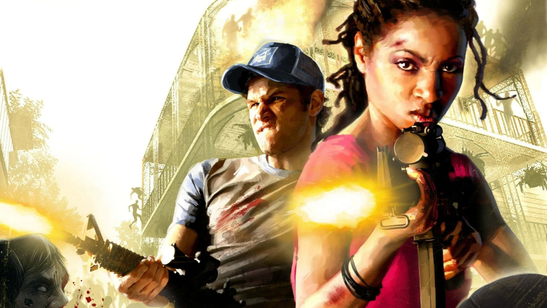 Left 4 Dead Characters 桌布 壁紙 — 兩名武裝倖存者在陽光照耀的城市廢墟中向殭屍開火，伴隨著血跡和煙霧。