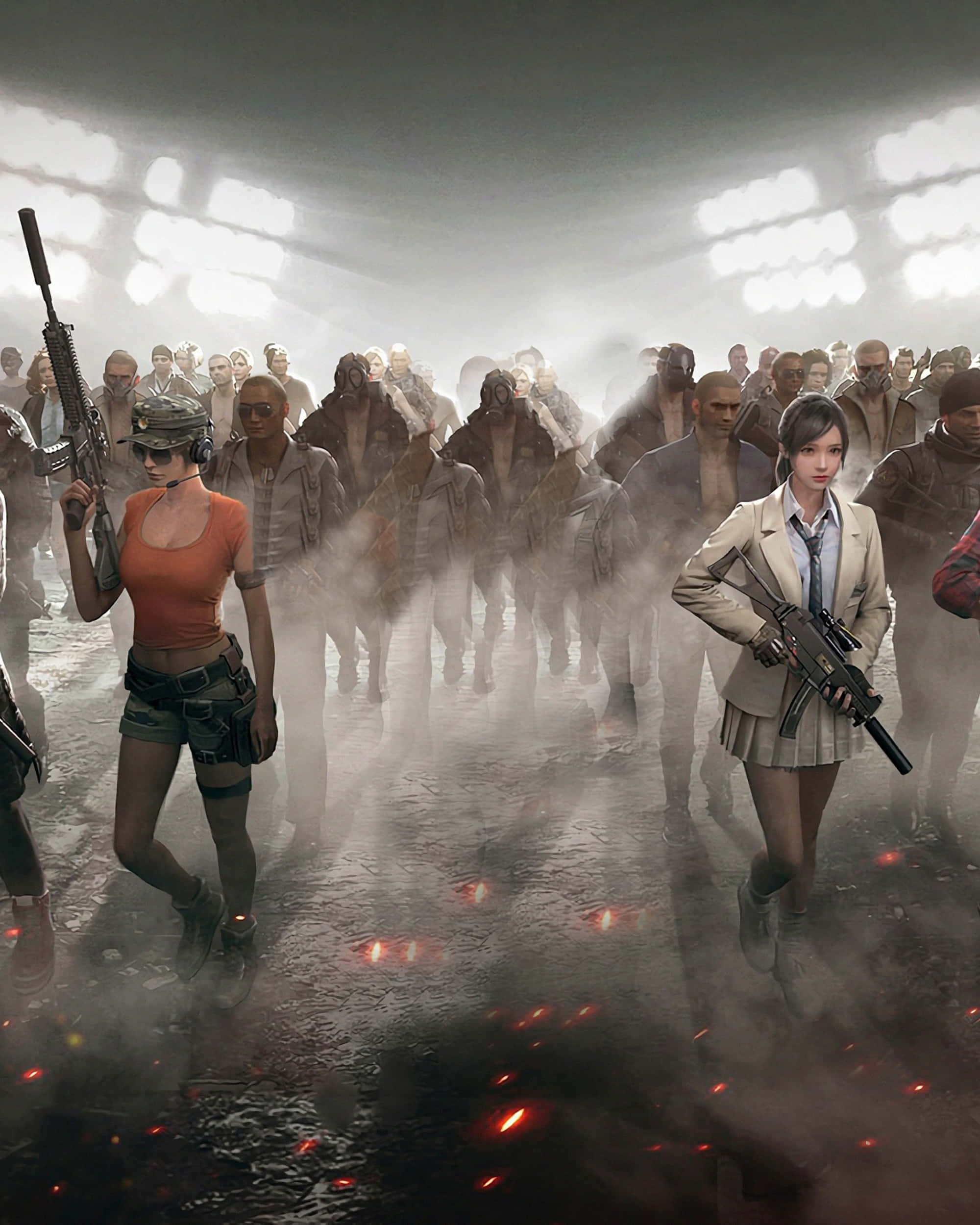 PUBG 桌布 壁紙 — 兩名武裝女子帶領一群喪屍穿過迷霧籠罩、水浸的體育館，頭頂強光照射。