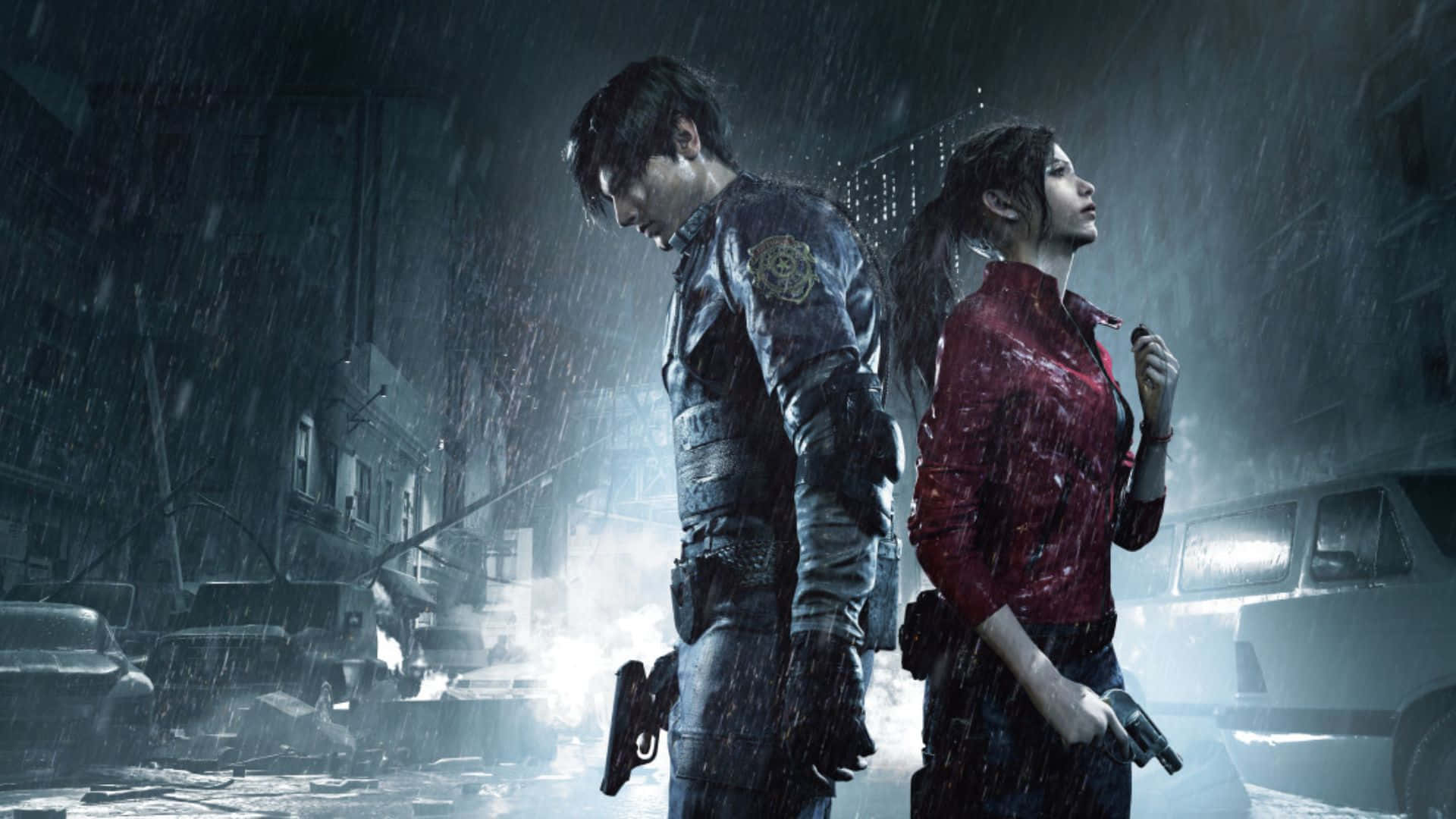 Resident Evil Characters 桌布 壁紙 — 兩名武裝生還者在昏暗嘅應急燈光下，喺被雨水浸透嘅廢墟城市街道上背對背企喺度。