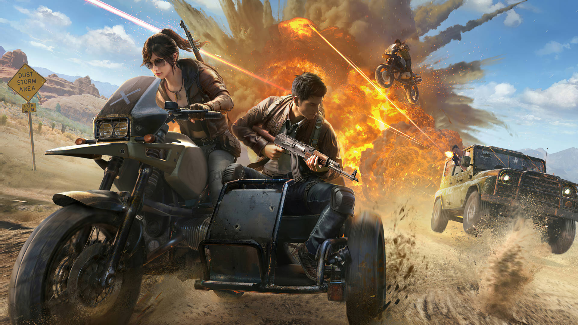 PUBG 桌布 壁紙 — 兩名武裝騎手駕駛電單車穿越沙漠追趕吉普車，身後爆炸和槍聲四起。