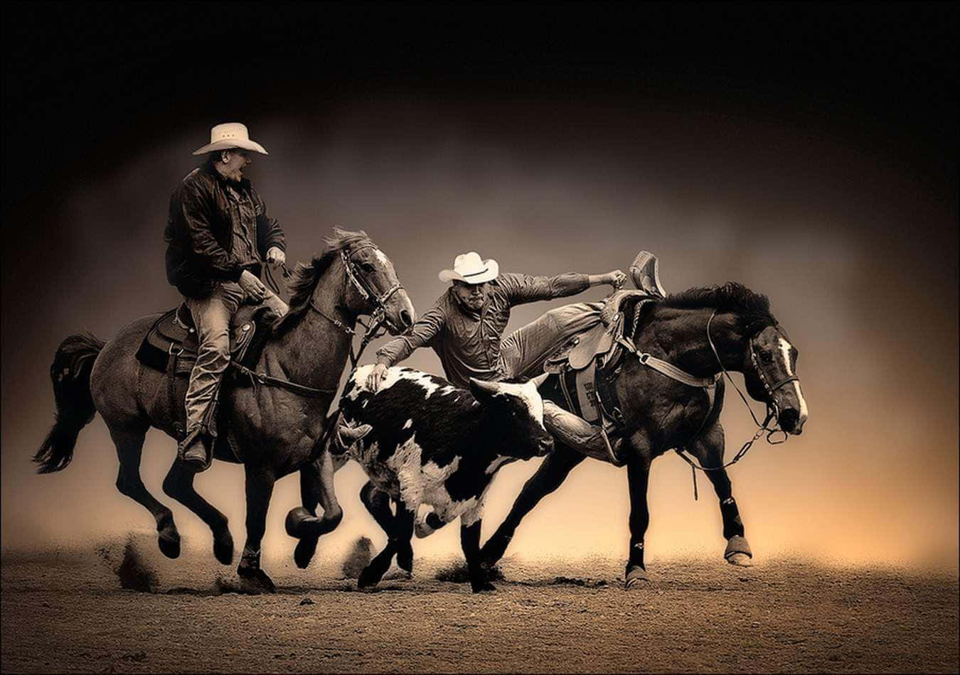 Rodeo 桌布 壁紙 — 兩名牛仔騎著奔騰的馬匹，在塵土飛揚的棕褐色調牛仔競技場景中追逐並套住一頭黑白小牛。