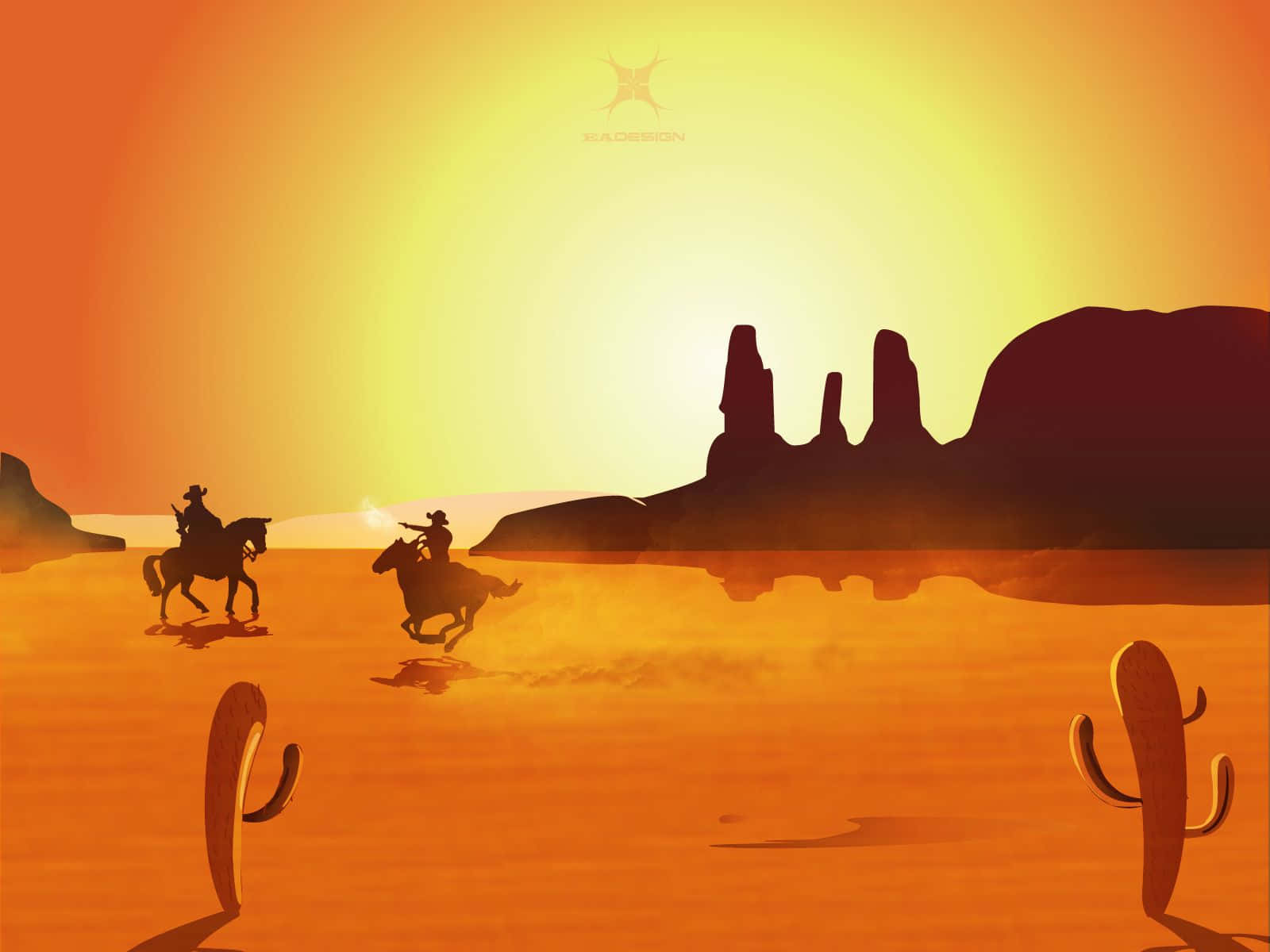 Wild West 桌布 壁紙 — 兩名牛仔騎馬穿過日落時分的沙漠，背景有剪影般的岩石地貌和仙人掌。