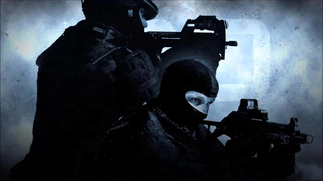 兩名特工 720p《反恐精英：全球 Offensive》背景 壁紙 — 兩名身穿戰術裝備的影子士兵，在粗糙紋理的背景下持步槍準備就緒。