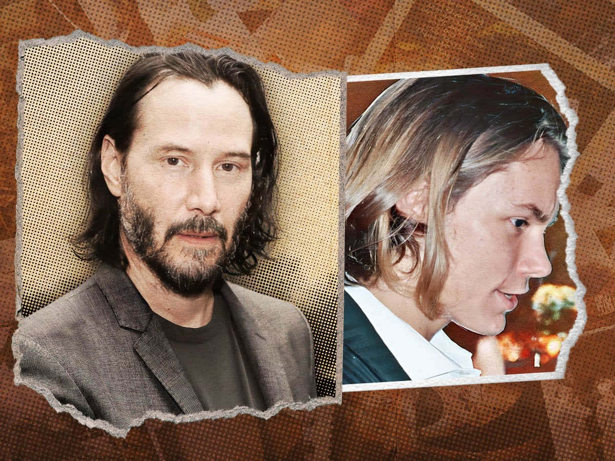 Keanu Reeves 桌布 壁紙 — 兩名男子的撕破照片拼貼，背景為帶有半色調點的紋理棕色背景。