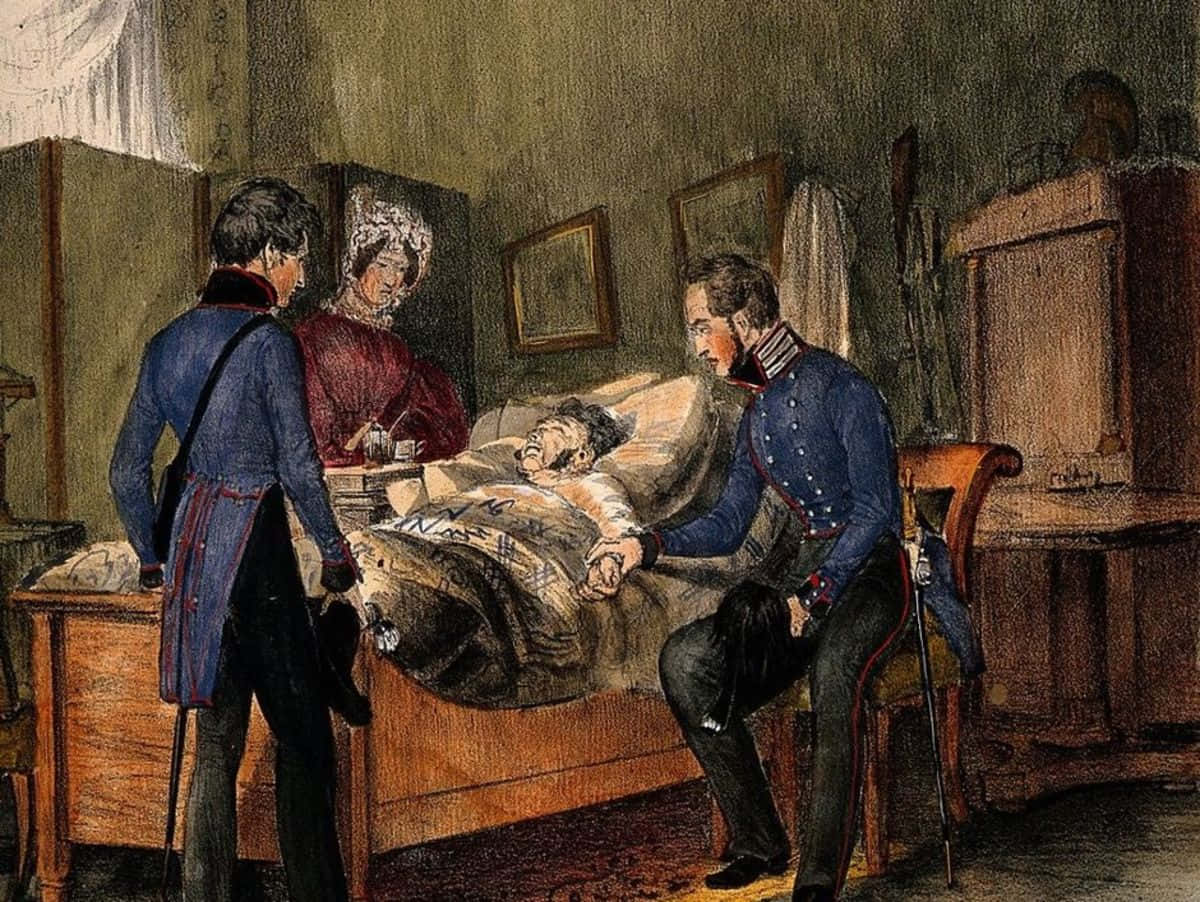 Victorian 桌布 壁紙 — 兩名穿制服的男人和一名女人在光線昏暗的木鑲板臥室中照顧一名病人。