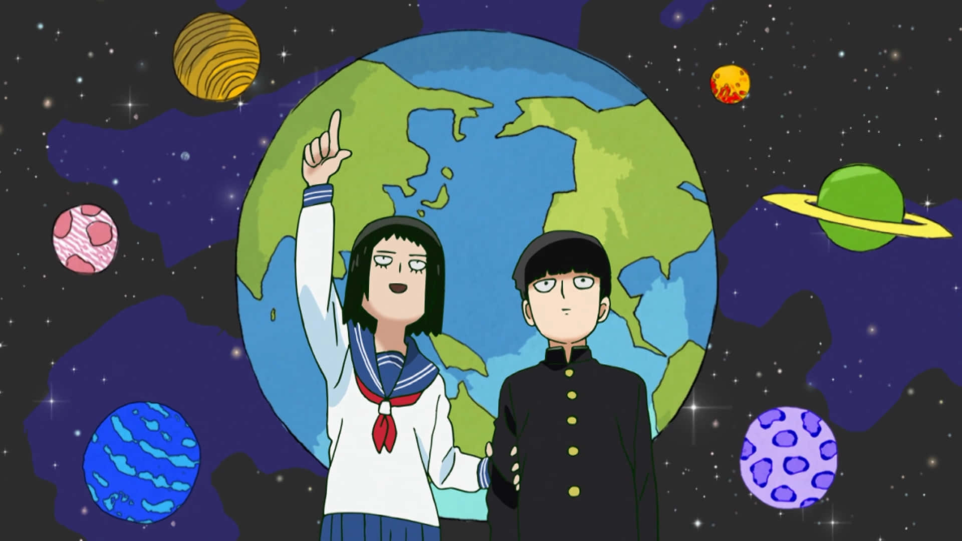 Tome Kurata 桌布 壁紙 — 兩名穿著校服的動漫學生站在一個被色彩繽紛的卡通行星環繞的巨型地球前，背景是星空。