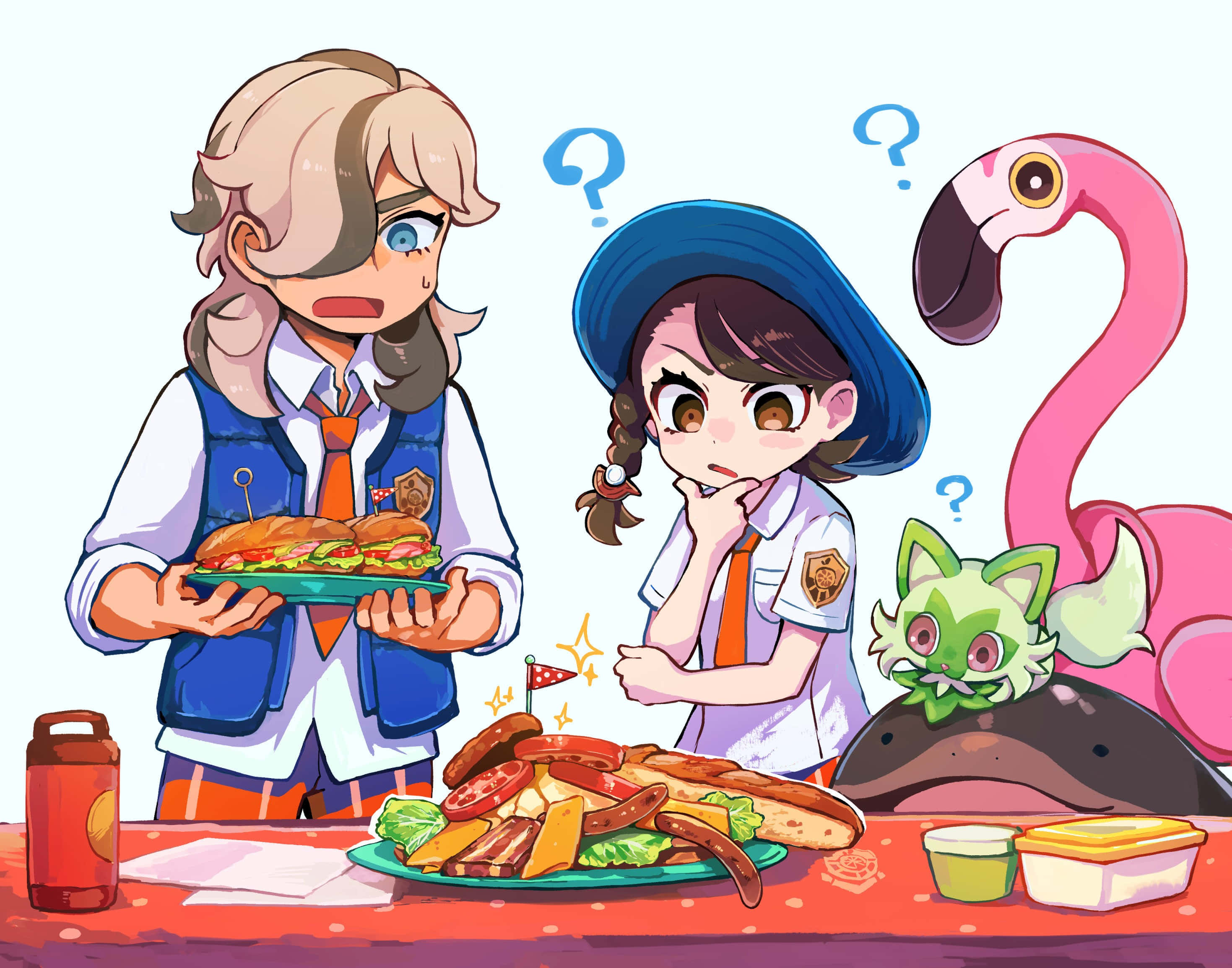 Flamigo 桌布 壁紙 — 兩名穿著校服的動畫學生困惑地盯著一個巨大雜亂的食物盤子，旁邊有一隻粉紅色火烈鳥和一隻綠色貓咪。