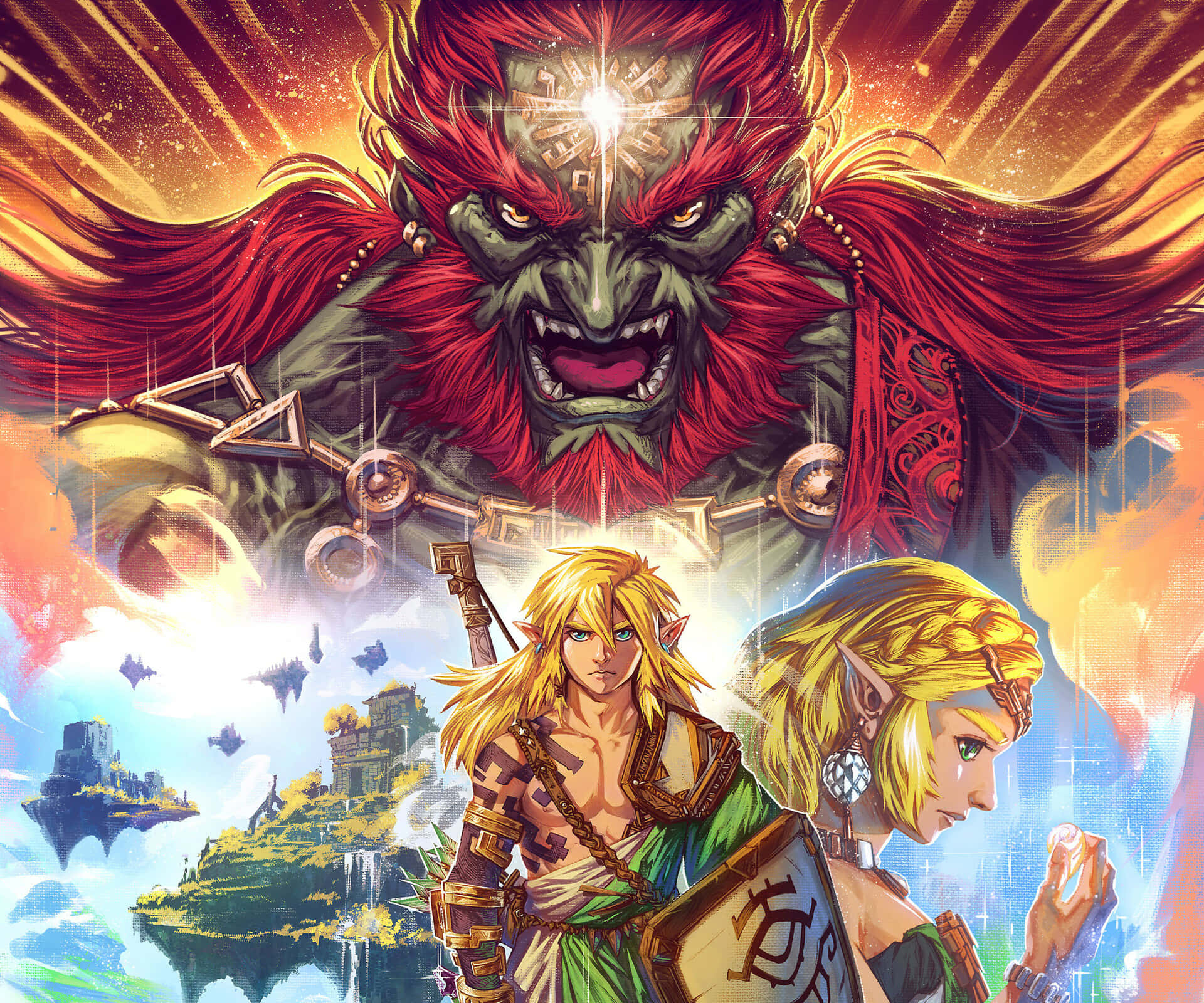 Kingdom 桌布 壁紙 — 兩名精靈戰士站在一個巨大的紅髮惡魔面前，背景是宇宙中的浮島和發光的能量。