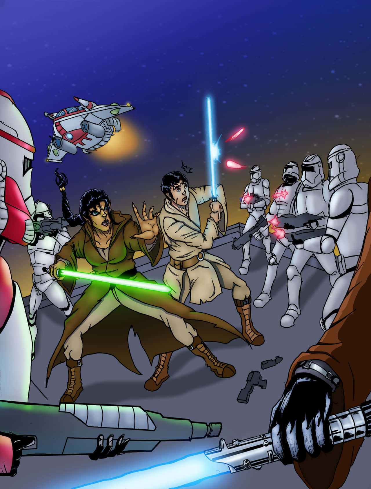 The Order 66 桌布 壁紙 — 兩名絕地武士在星空暮色下與風暴兵決鬥，光劍閃爍，一艘太空船從頭頂飛過。