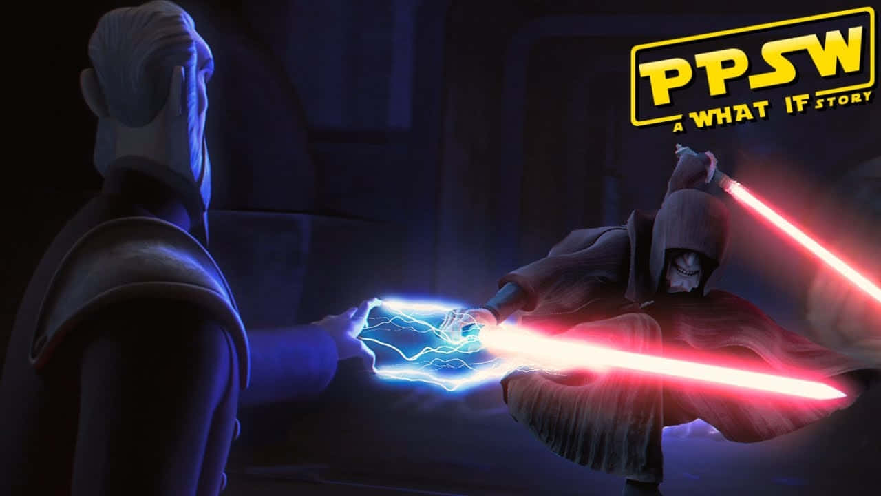 Lightsaber Duel 桌布 壁紙 — 兩名絕地武士在黑暗的房間中決鬥，藍色和紅色的光劍碰撞出電火花。