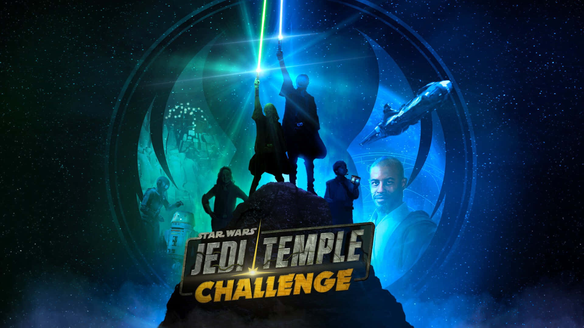 Jedi Council 桌布 壁紙 — 兩名絕地武士站在岩石露頭上，揮舞著發光的藍色光劍，背景是宇宙背景，有太空船和星域。
