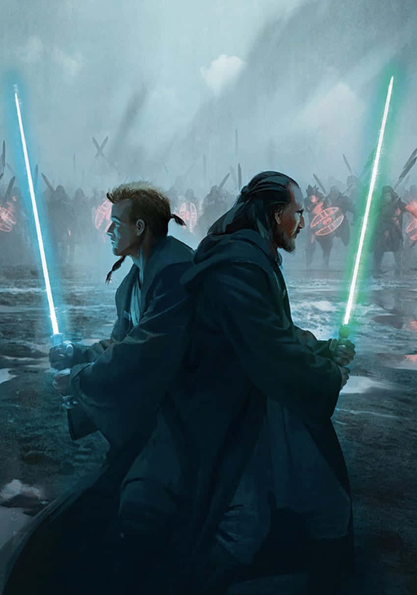 Qui-gon Jinn 桌布 壁紙 — 兩名絕地武士背靠背站立，揮舞藍色和綠色的光劍，面對迷霧戰場中的一支軍隊。