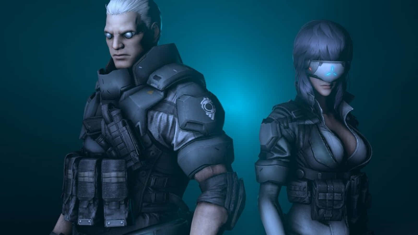 Ghost In The Shell Batou 桌布 壁紙 — 兩名經過網絡強化的特工身穿戰術裝備，站在發光的青綠色背景前，擁有發光的眼睛和未來風格的盔甲。