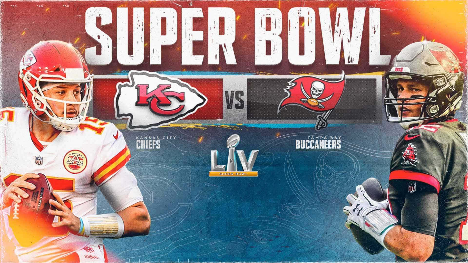 Super Bowl 桌布 壁紙 — 兩名美式足球四分衛在充滿活力的Super Bowl LIV宣傳海報中對決，海報上有球隊標誌和火熱背景。