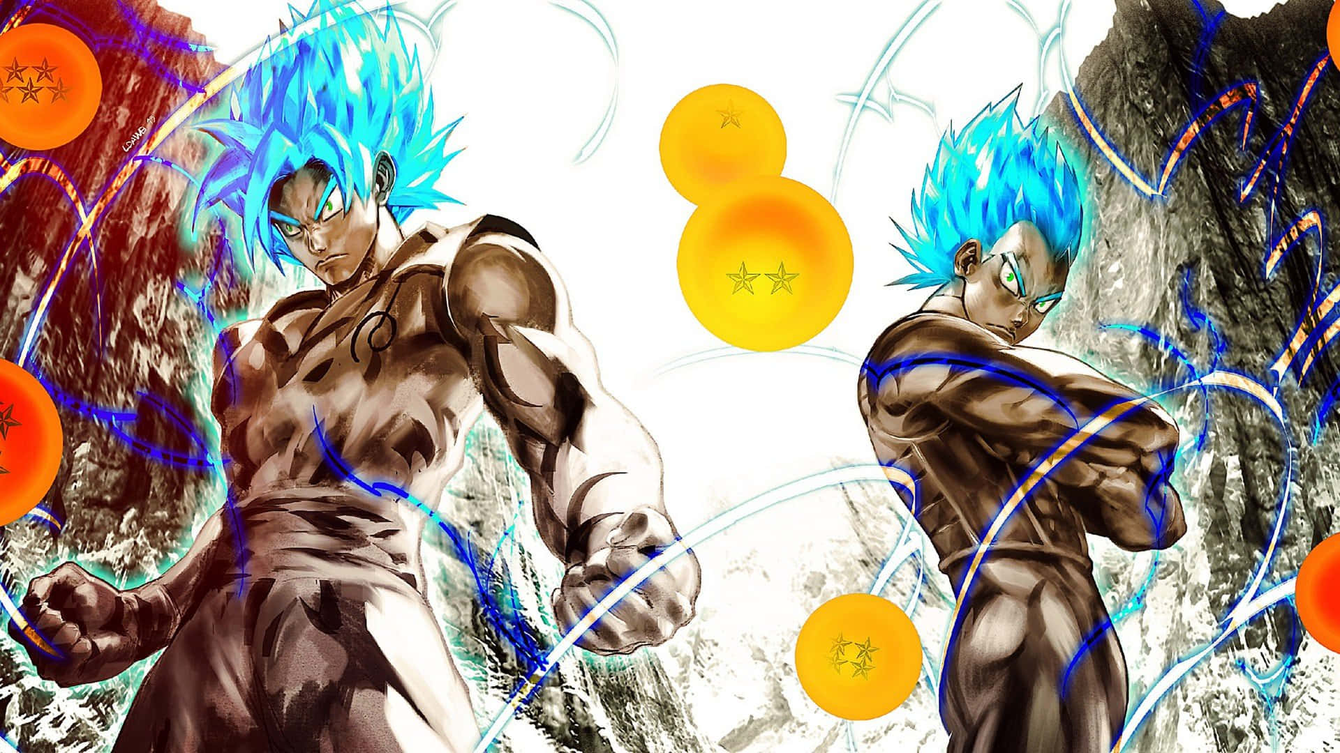Vegeta And Goku 桌布 壁紙 — 兩名肌肉發達、擁有尖刺藍色頭髮的動漫戰士，在發光球體和能量軌跡環繞的動態戰鬥中激烈交鋒。