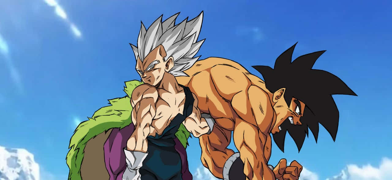 Vegeta And Broly 桌布 壁紙 — 兩名肌肉發達、頭髮尖刺的動漫戰士在晴朗藍天和蓬鬆雲朵下展開激烈戰鬥。