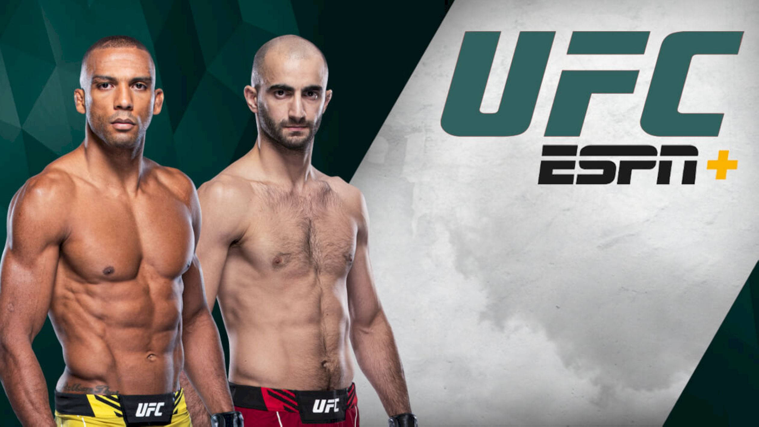Giga Chikadze UFC ESPN 壁紙 — 兩名肌肉發達的UFC拳手自信地站在幾何綠色和灰色背景前，帶有UFC ESPN+品牌標識。