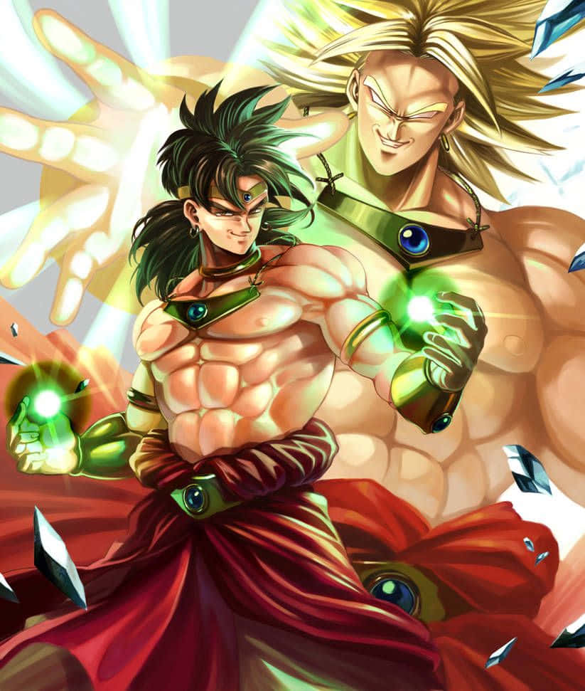 Legendary Super Saiyan 桌布 壁紙 — 兩名肌肉發達的動漫戰士手持發光的綠色能量球，在動態戰鬥場景中激烈碰撞。