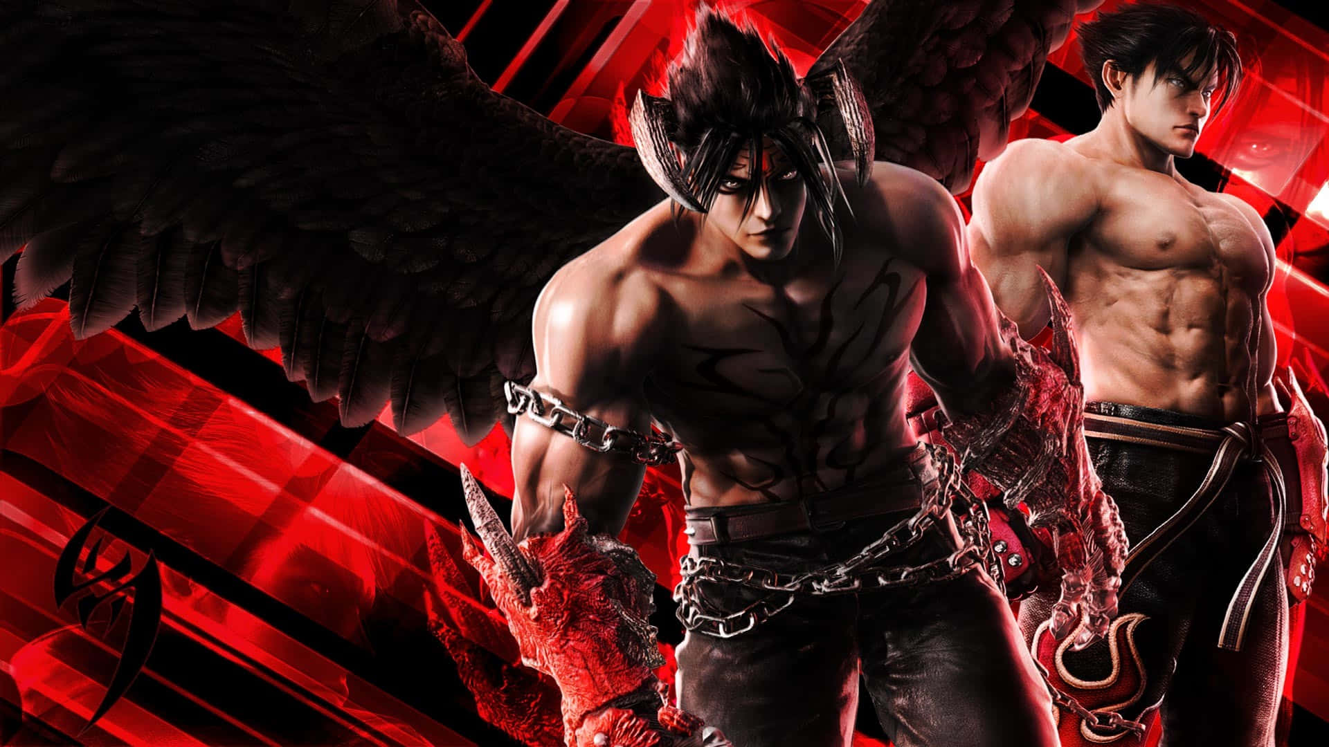 Tekken Characters 桌布 壁紙 — 兩名肌肉發達的動漫男子，擁有黑色翅膀和鎖鏈，站在鮮豔的紅色抽象背景前。