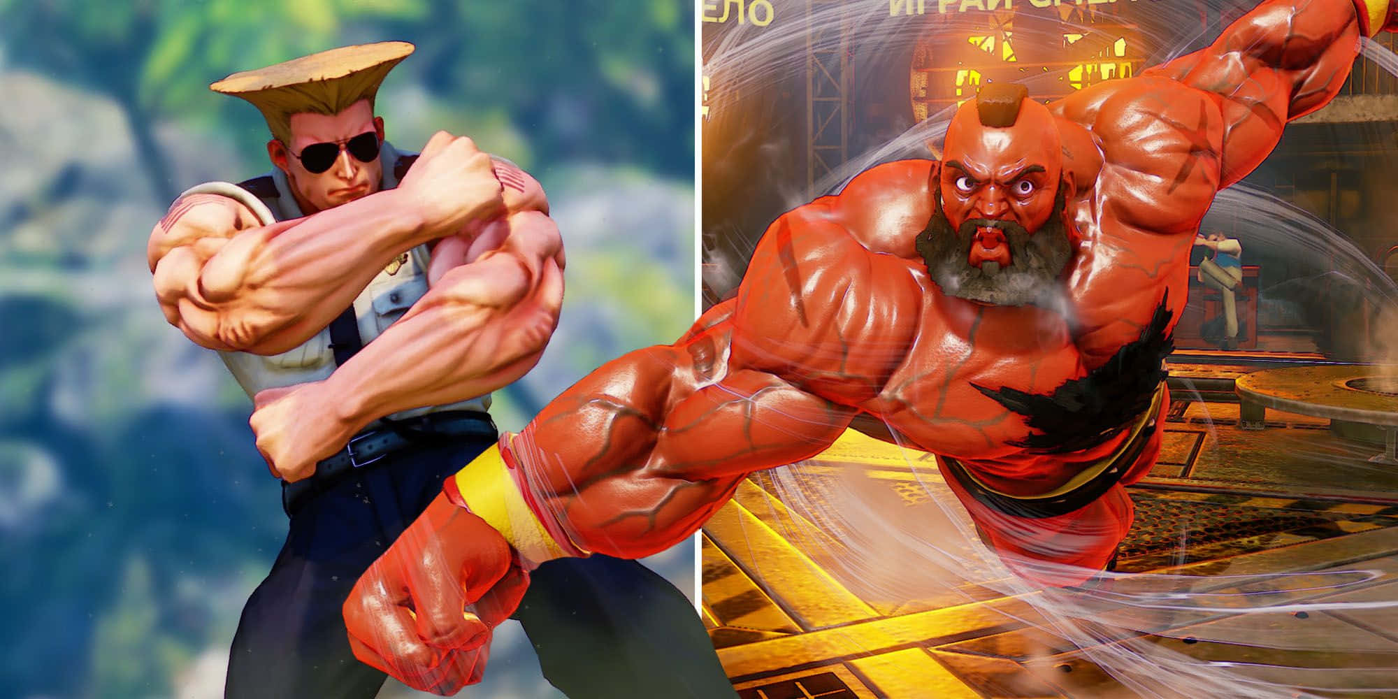 Fighting Games 桌布 壁紙 — 兩名肌肉發達的戰士在充滿活力的動漫風格遊戲場景中碰撞，伴隨著動態運動效果。