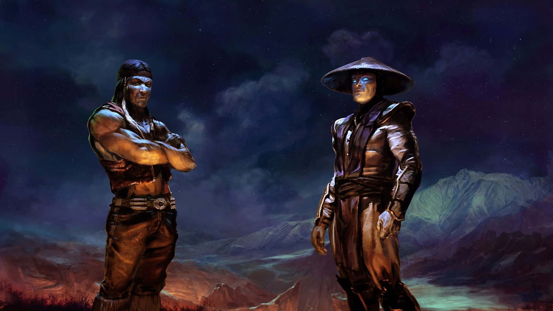 Mortal Kombat Raiden 桌布 壁紙 — 兩名肌肉發達的戰士在繁星點點的夜空下，遠處有發光的山脈，傲然挺立。