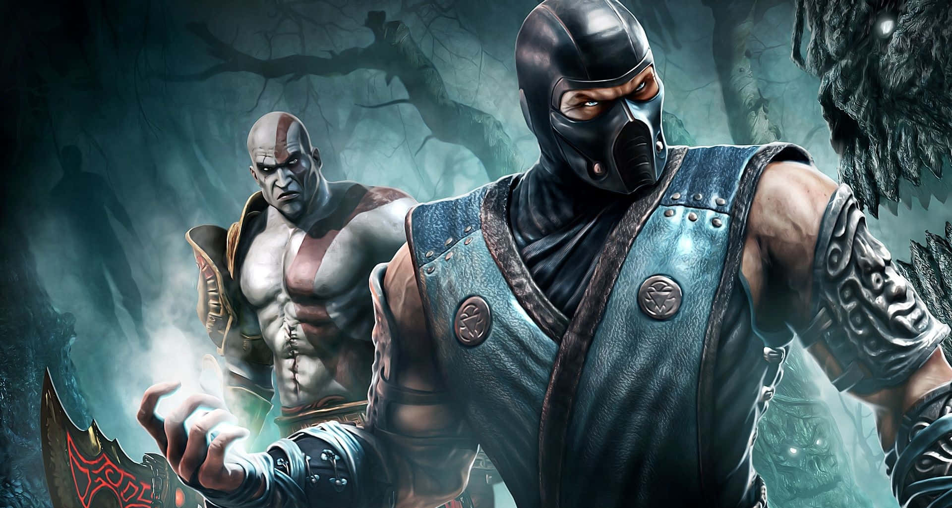 Mortal Kombat Sub-zero 桌布 壁紙 — 兩名肌肉發達的戰士身穿暗色盔甲，站在霧氣瀰漫的森林中，一人戴著面具，一人帶有傷疤，準備戰鬥。