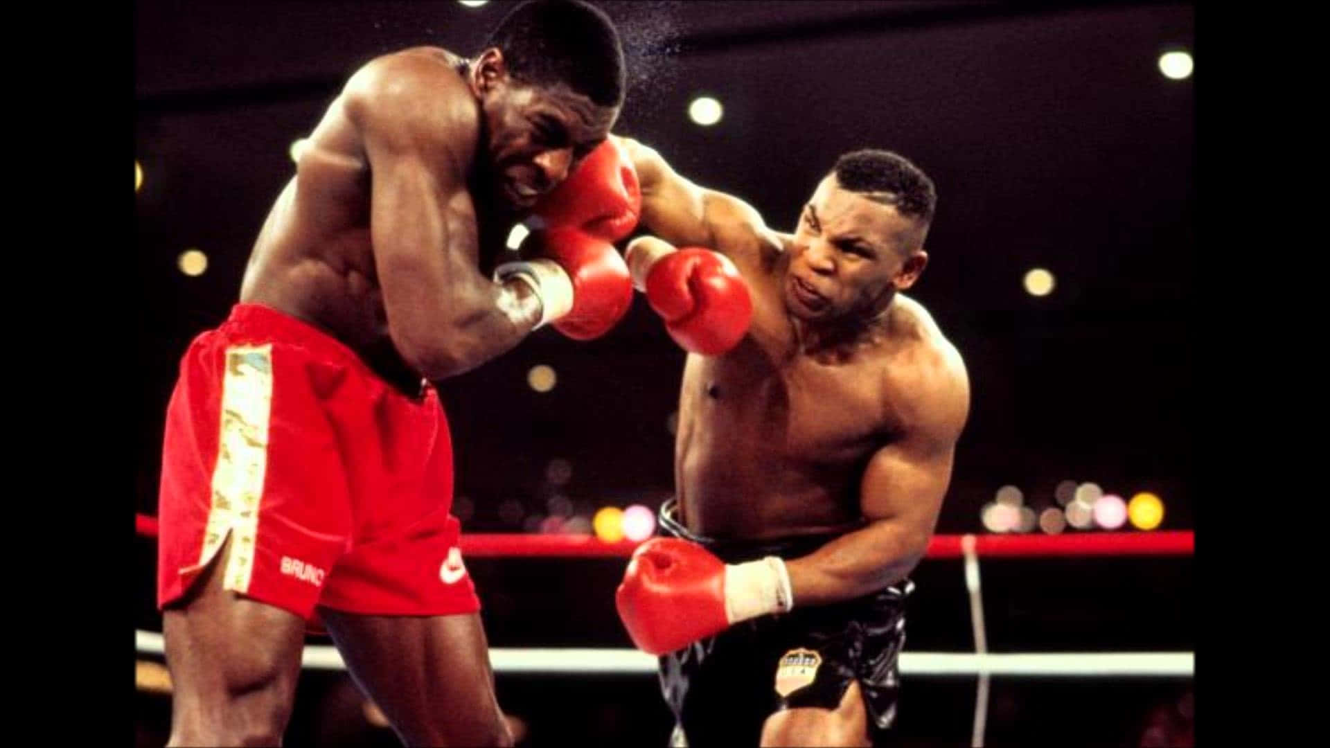 mike tyson 桌布 壁紙 — 兩名肌肉發達的拳擊手在明亮的競技場燈光下，戴著紅色手套和穿著紅色短褲在擂台上交鋒。