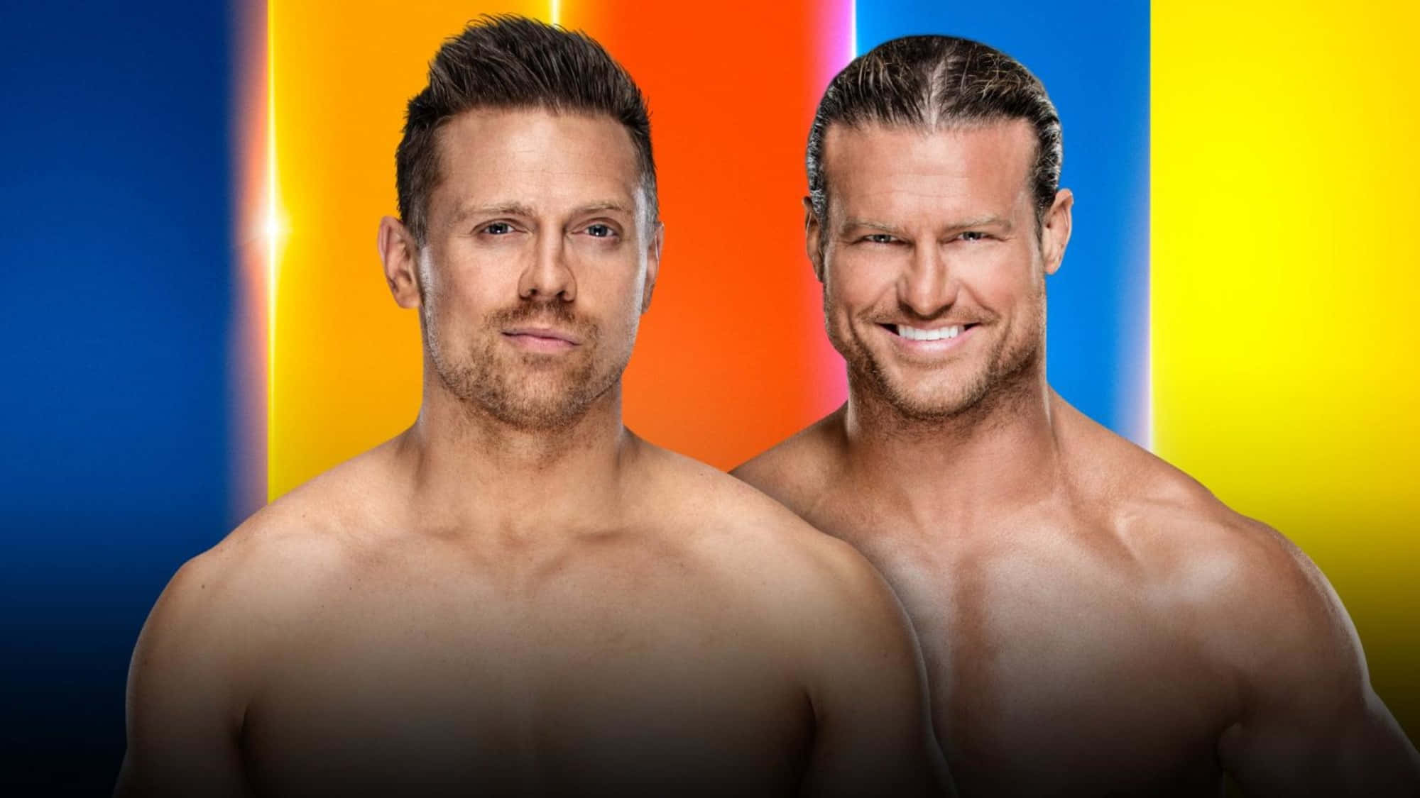 Dolph Ziggler The Miz Tag Team 壁紙 — 兩名肌肉發達的男子在藍色、橙色和黃色的鮮豔漸變背景前自信地擺姿勢。