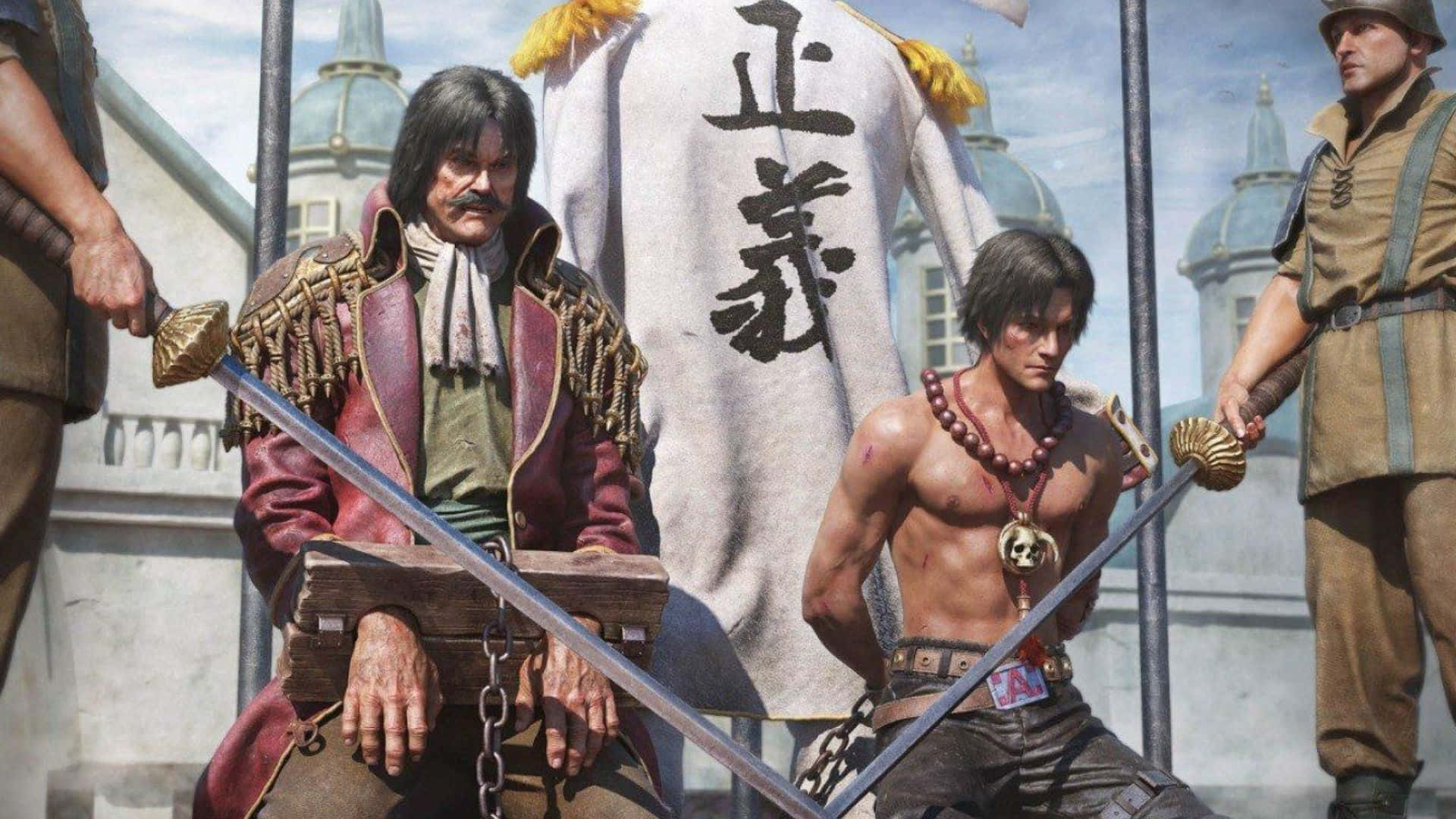 Gol D Roger 桌布 壁紙 — 兩名肌肉發達的男子身穿精細的奇幻服裝，在圓頂建築和帶有漢字的大型橫幅背景下，挑釁地拔出劍站立。