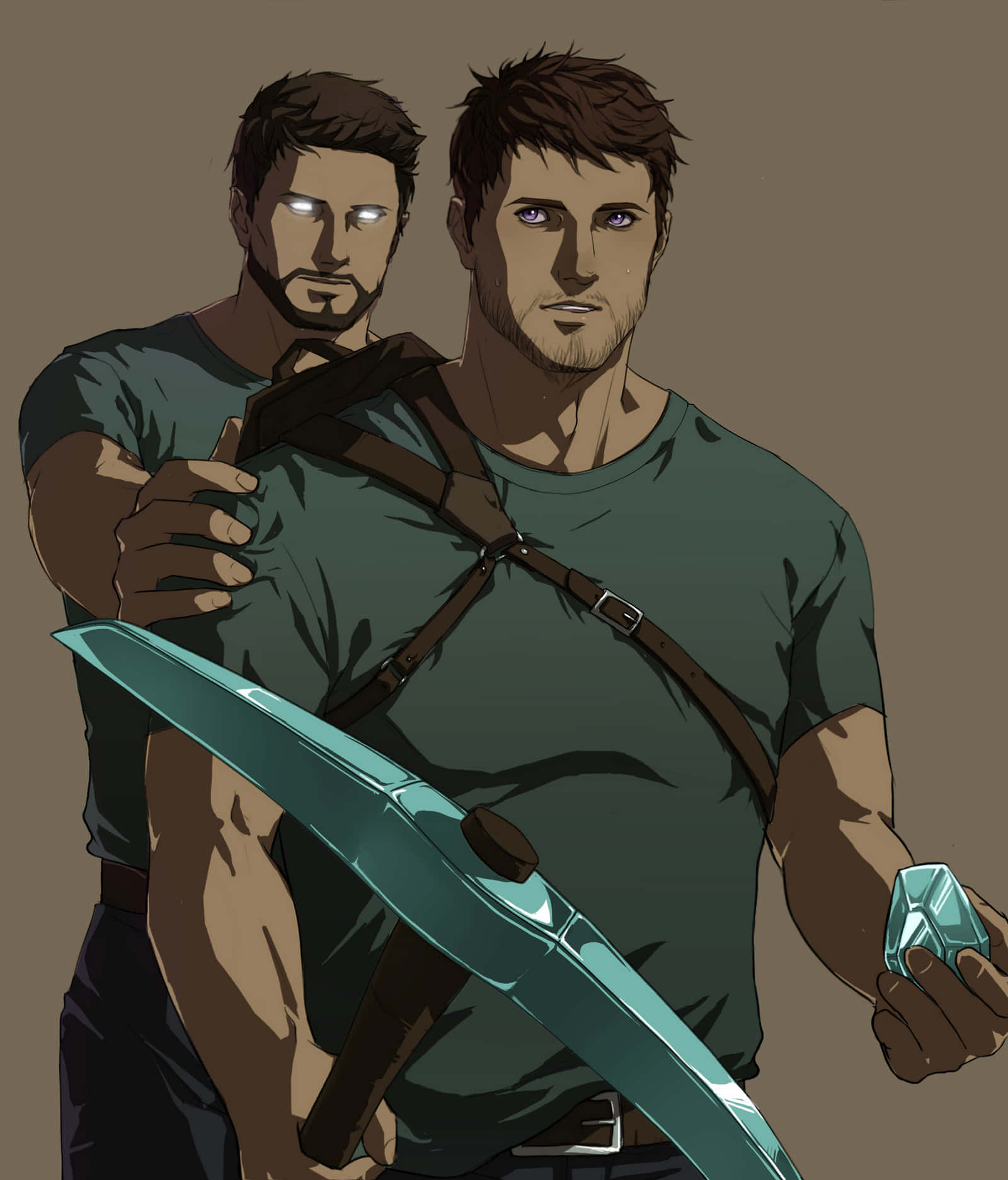 Herobrine 桌布 壁紙 — 兩名肌肉發達的男子身穿綠色襯衫緊密站立，一人手持發光的青綠色劍和水晶，另一人眼睛發光並將手放在他的肩膀上。
