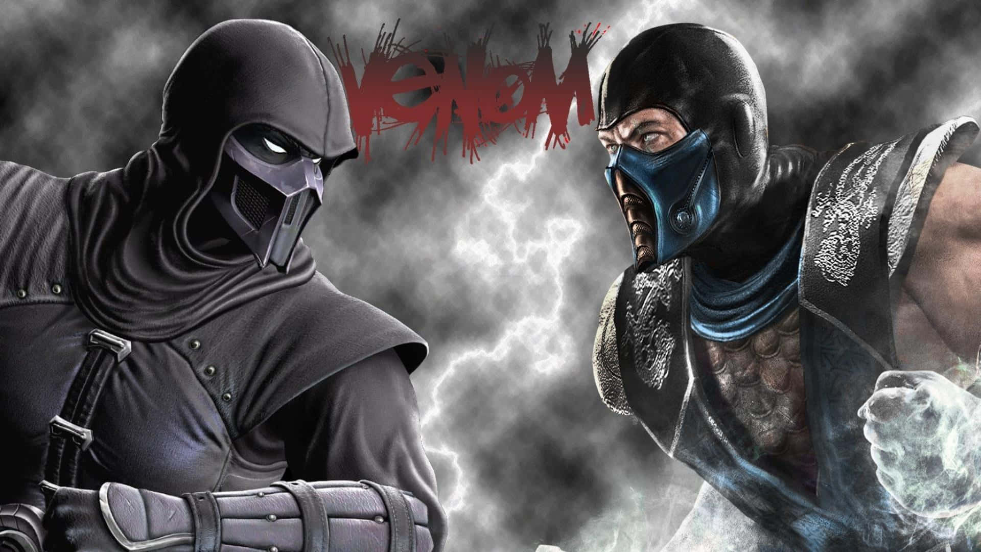 Mortal Kombat Noob Saibot 桌布 壁紙 — 兩名蒙面戰士在暴風雨般的戰鬥場景中對峙，伴隨著閃電和紅色塗鴉字樣的 venom。