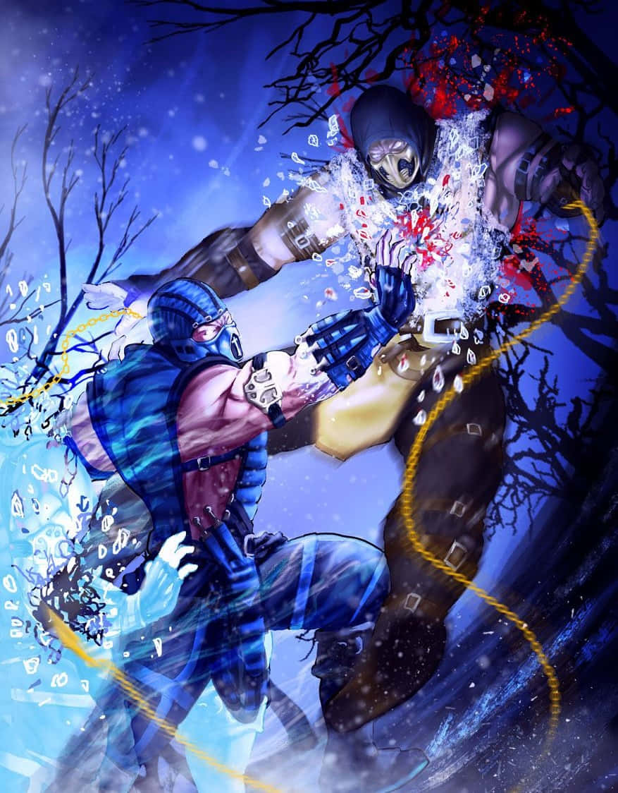 Mortal Kombat Fatality 桌布 壁紙 — 兩名蒙面戰士在雪夜戰鬥中激烈交鋒，鮮血與冰塊在光禿的樹木間飛濺。