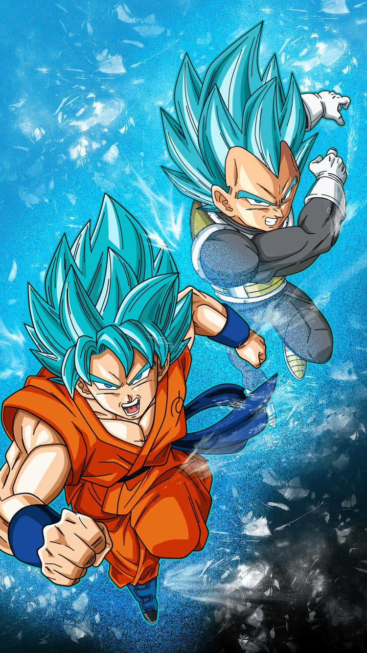 Dragon Ball iPhone 桌布 壁紙 — 兩名藍髮撒亞人戰士以超級撒亞人藍形態，帶著強烈的表情衝過破碎的藍色能量場。