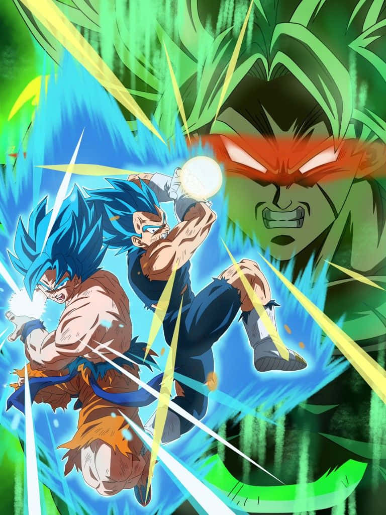 Vegeta And Broly 桌布 壁紙 — 兩名藍髮撒亞人戰士在動態的動漫戰鬥中，向一名高大的綠髮對手釋放出發光的能量衝擊波。