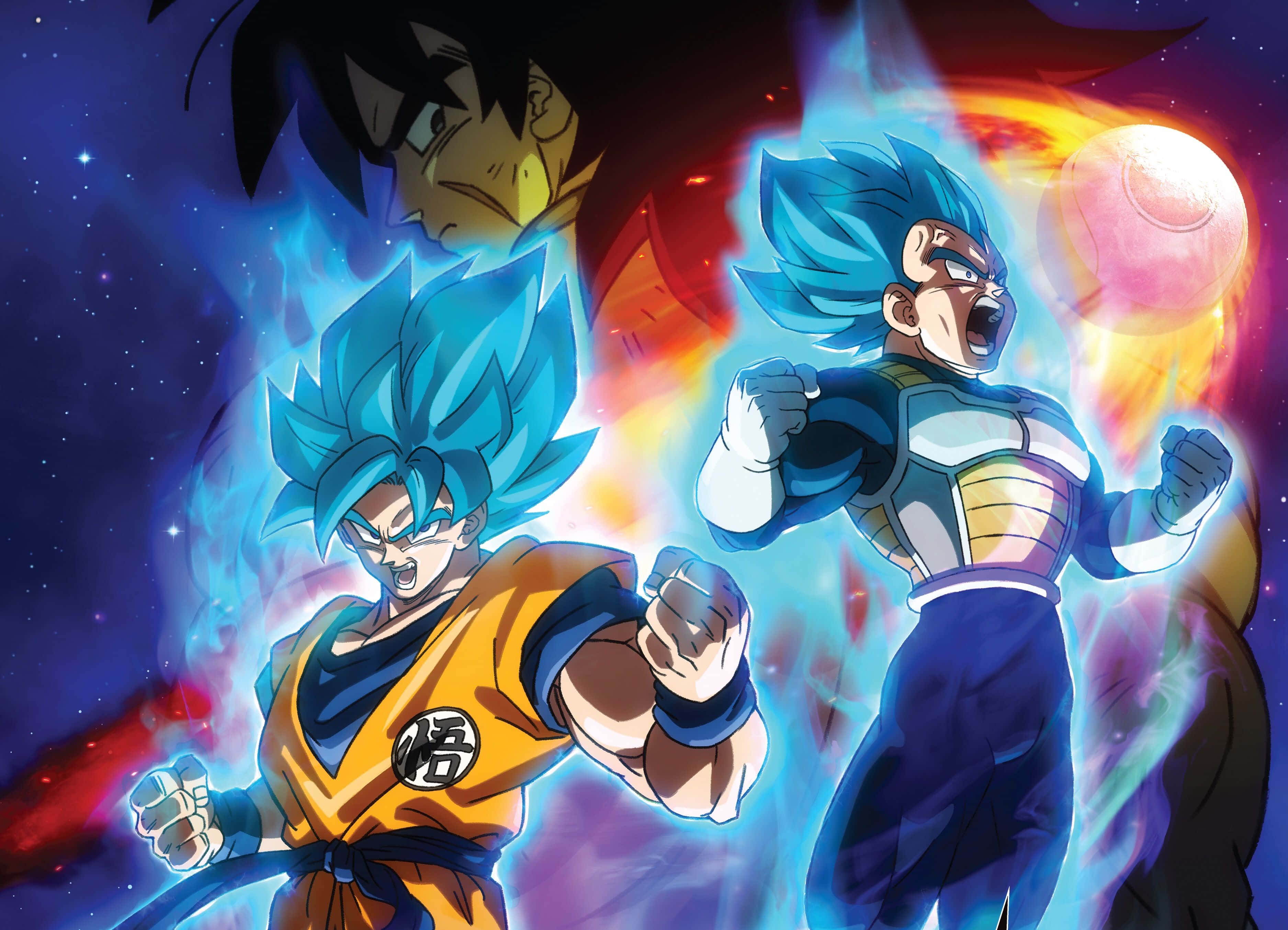 Dbz Movies 桌布 壁紙 — 兩名藍髮撒亞人戰士在宇宙背景下，對着一個熾熱行星釋放出發光的能量爆炸。