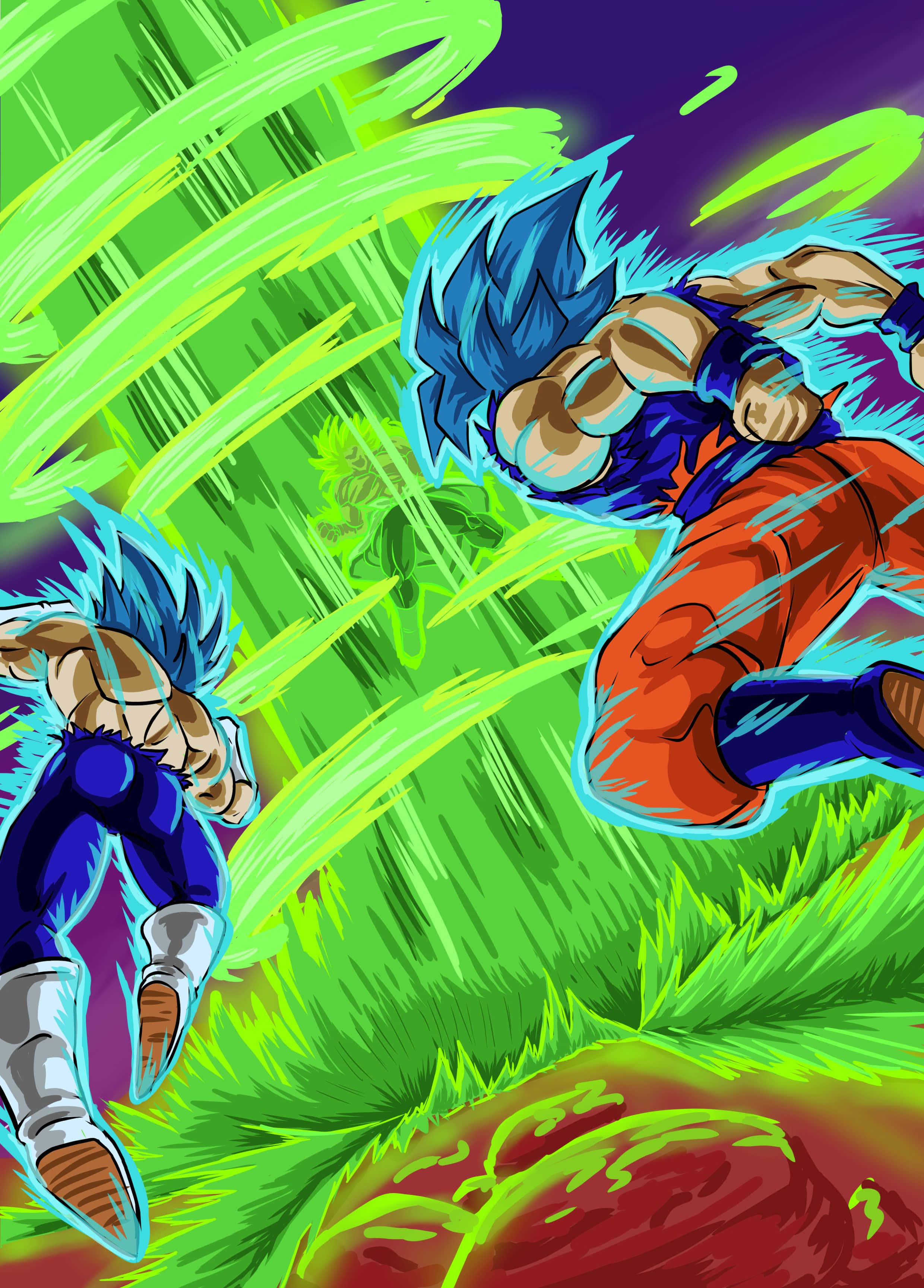 Vegeta And Broly 桌布 壁紙 — 兩名藍髮撒亞人戰士在深紫色天空背景下，於爆炸性綠色能量條紋中在半空中碰撞。