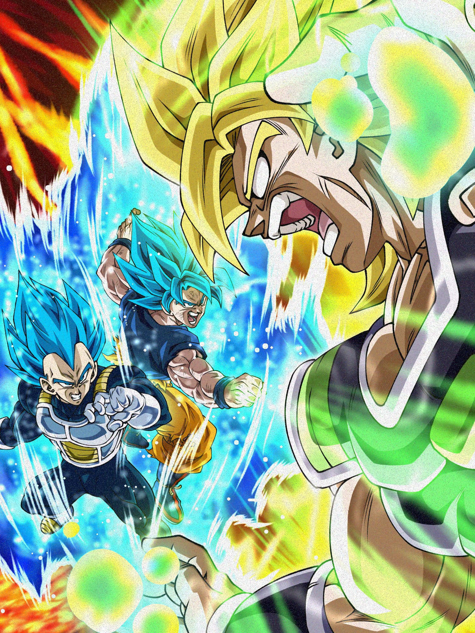 Vegeta And Broly 桌布 壁紙 — 兩名藍髮撒亞人戰士在爆炸性能量效果中，向一名較大的金髮對手發起動態動畫戰鬥。