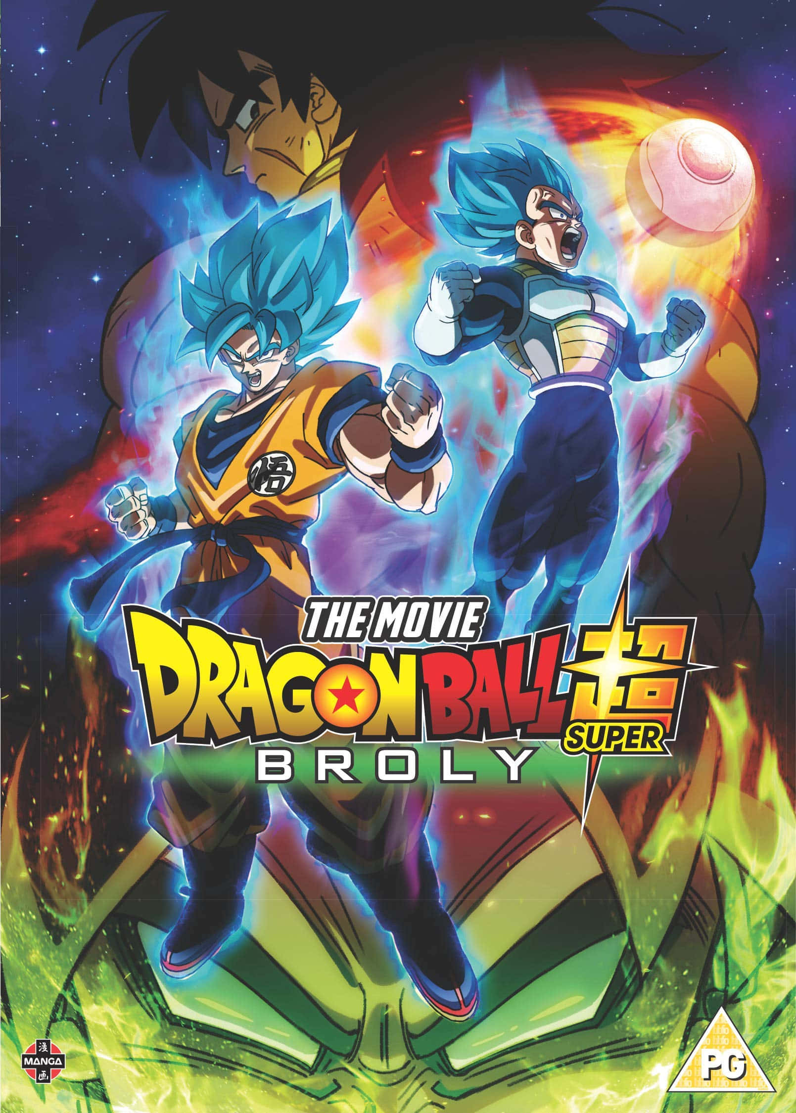 Dragon Ball Movies 桌布 壁紙 — 兩名藍髮賽亞戰士以戰鬥姿態發光，能量在宇宙背景中映襯著行星和星場。