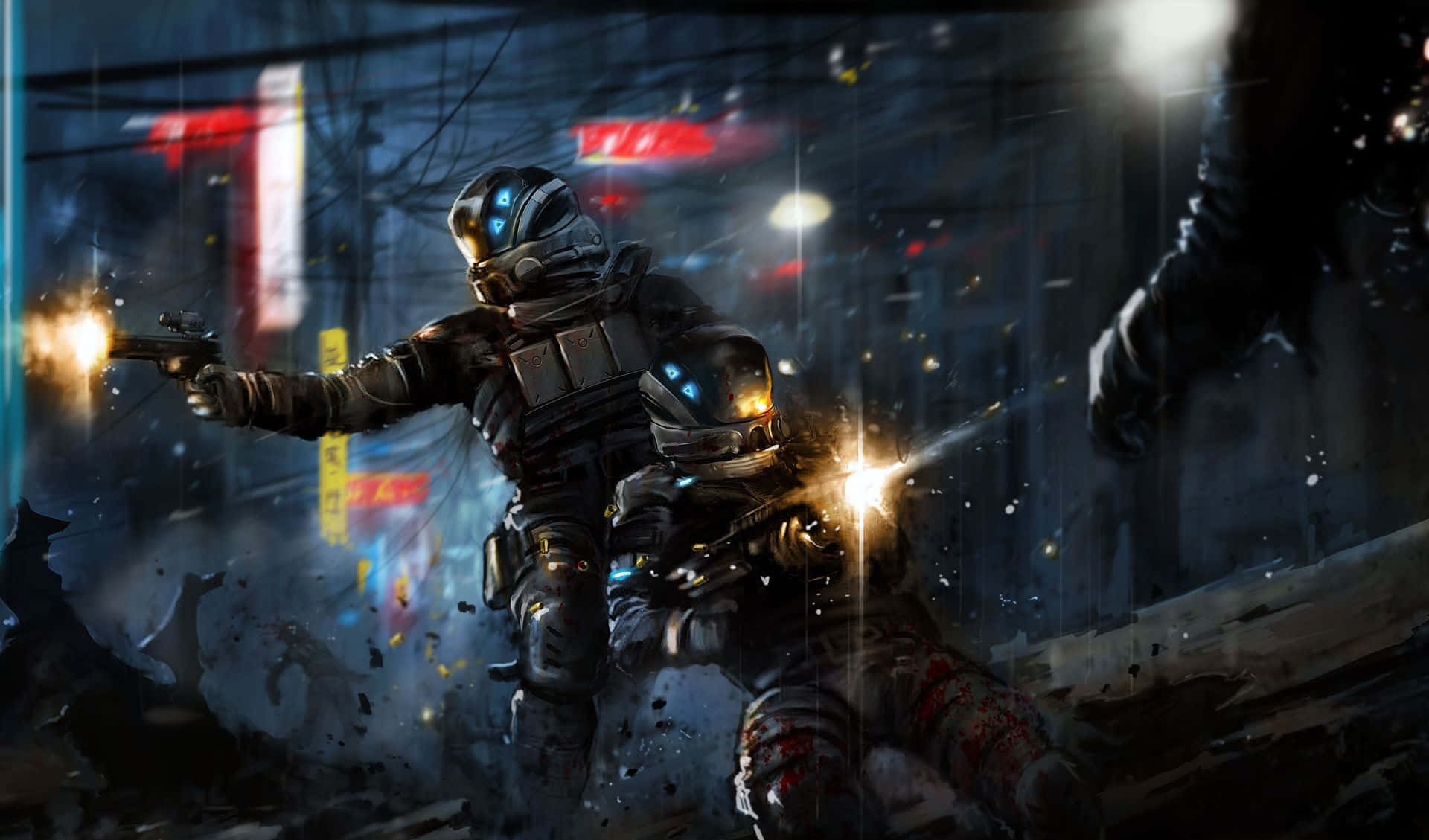 Sci Fi Games 桌布 壁紙 — 兩名裝甲士兵在雨濕的霓虹燈都市後巷夜間開火，火花四濺。