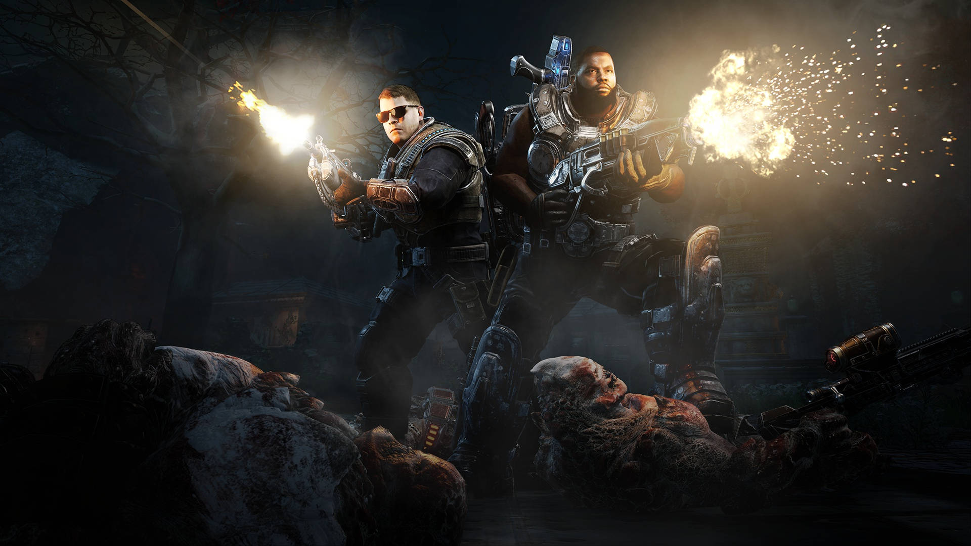 Gears Of War 4 Run The Jewels 壁紙 — 兩名裝甲士兵在黑暗、粗糙的戰場上發射發光武器，腳下是倒下的敵人。