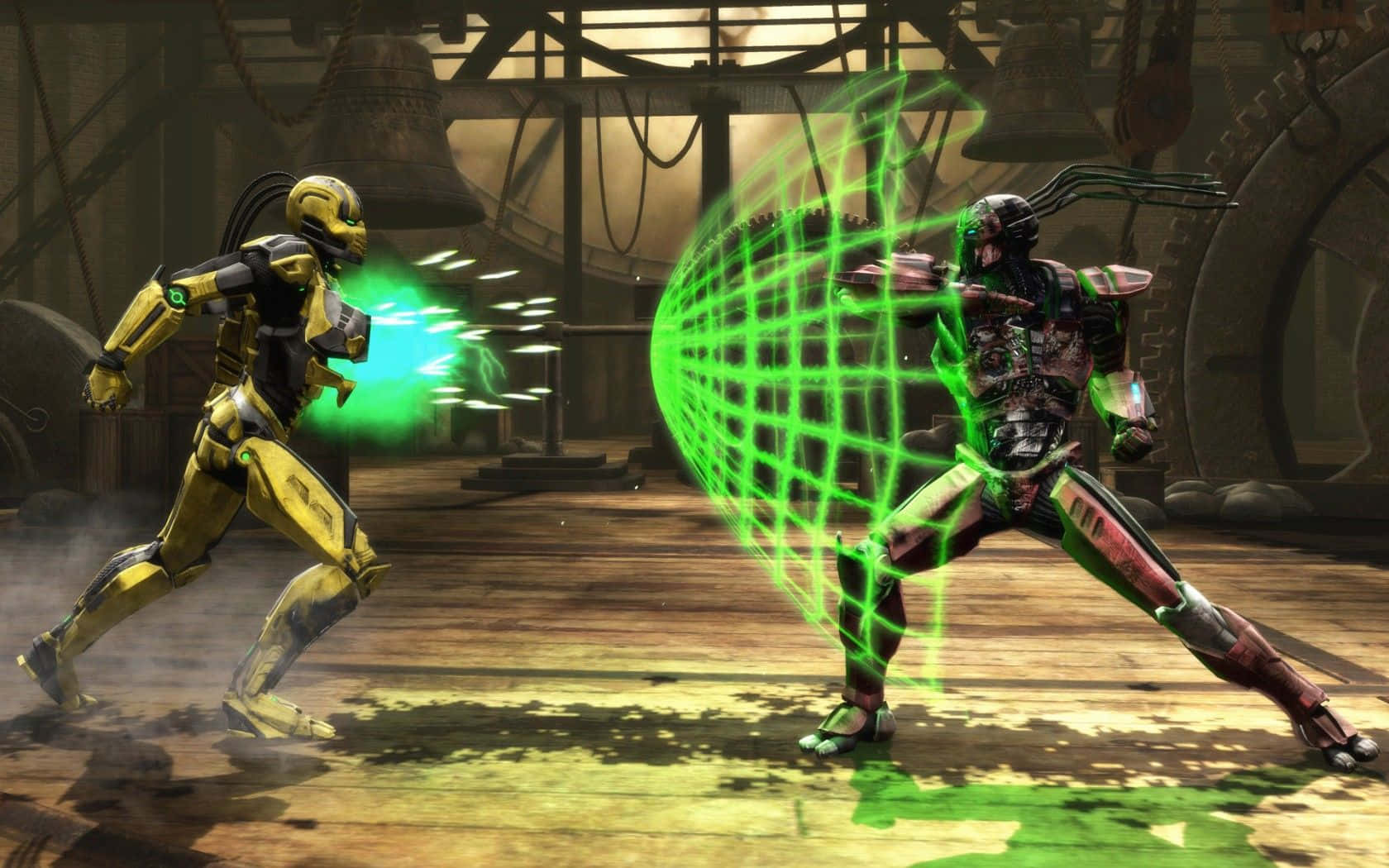 Mortal Kombat Cyrax 桌布 壁紙 — 兩名裝甲戰士在一個粗糙的工業競技場中碰撞，伴隨著發光的綠色能量爆炸和盾牌。