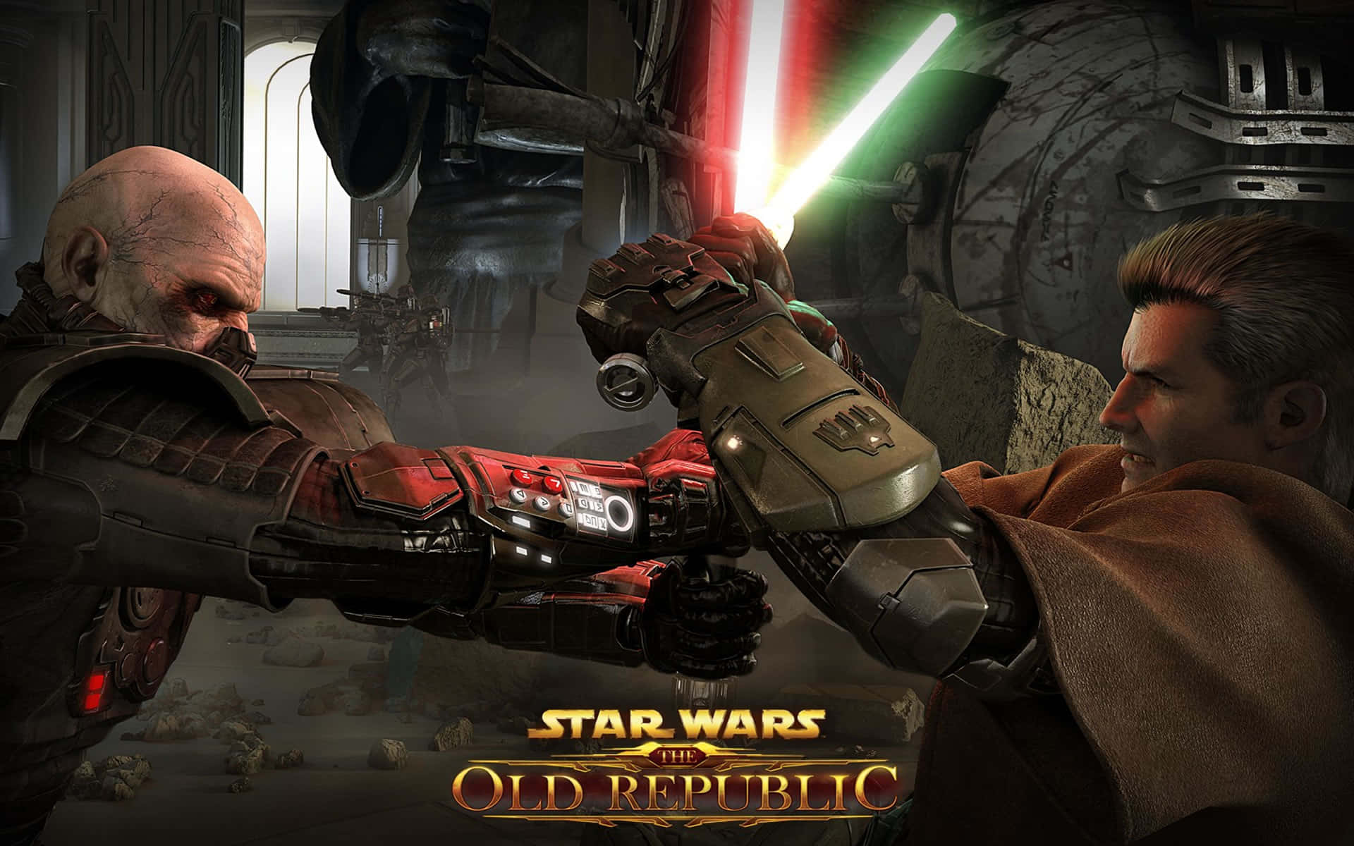 Lightsaber Duels 桌布 壁紙 — 兩名裝甲戰士在昏暗的未來廢墟中，以發光的紅色和綠色光劍交鋒。