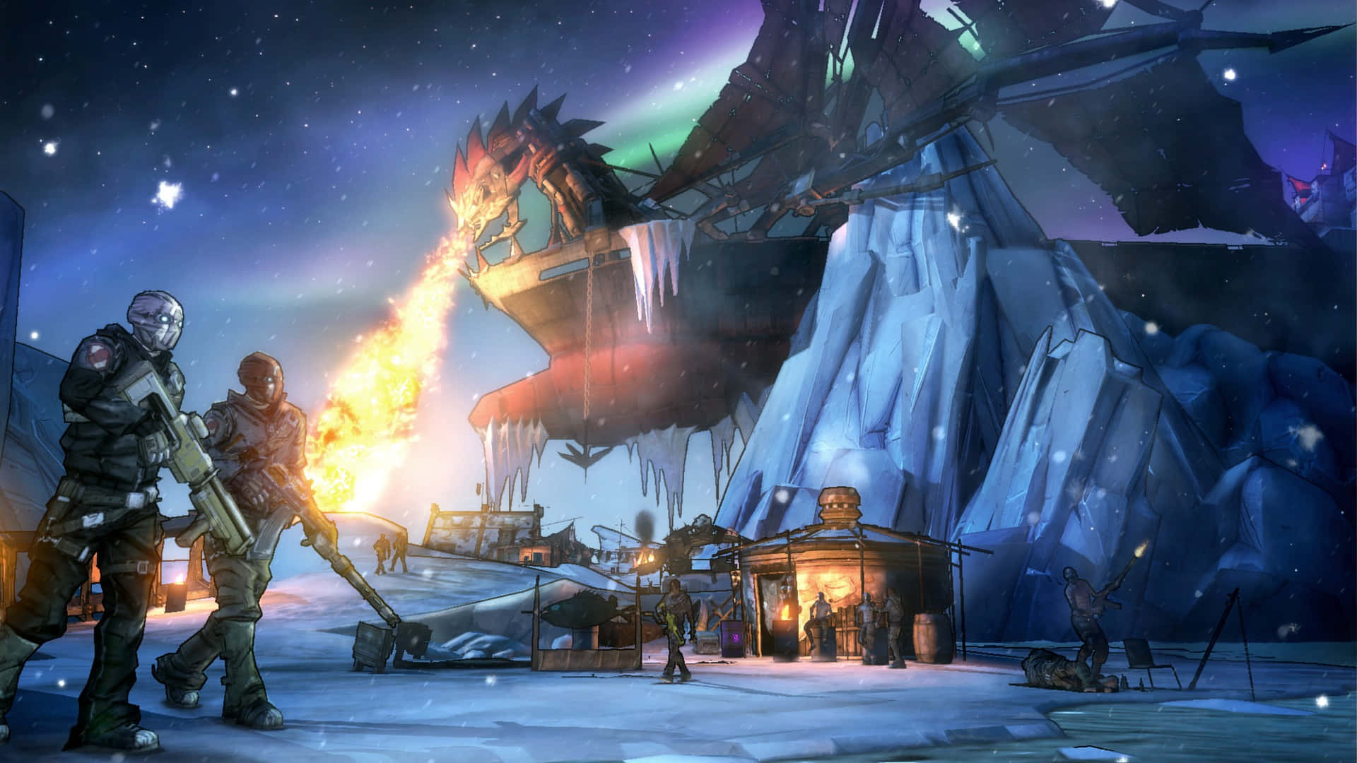 邊緣禁地 桌布 壁紙 — 兩名裝甲戰士在星空極光下的雪地外星前哨站，向一隻巨型冰龍發射火焰噴射器。