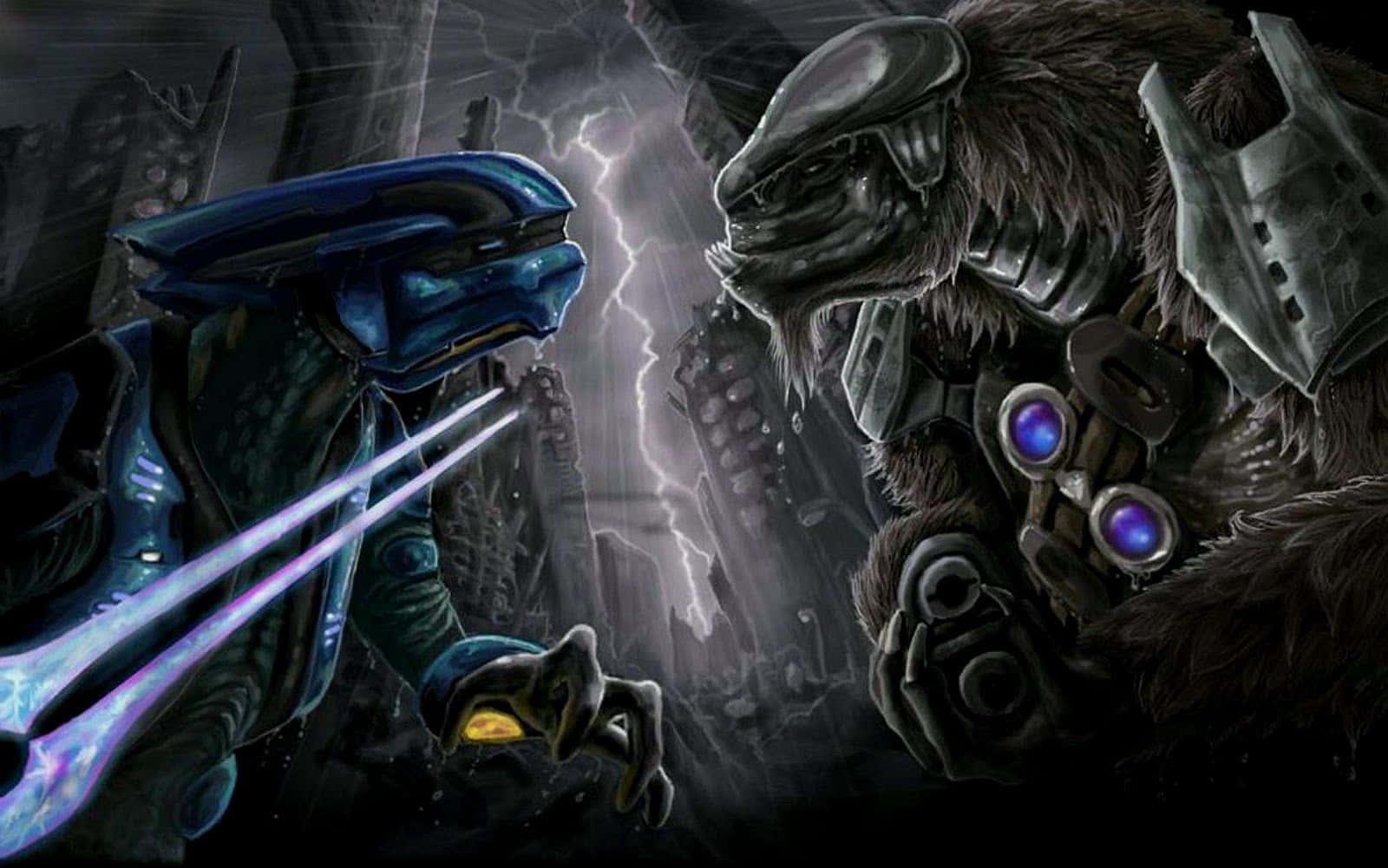 Halo Arbiter 桌布 壁紙 — 兩名裝甲戰士在暴風雨中的廢墟交鋒，其中一人向一隻眼睛發光的怪獸發射發光武器。