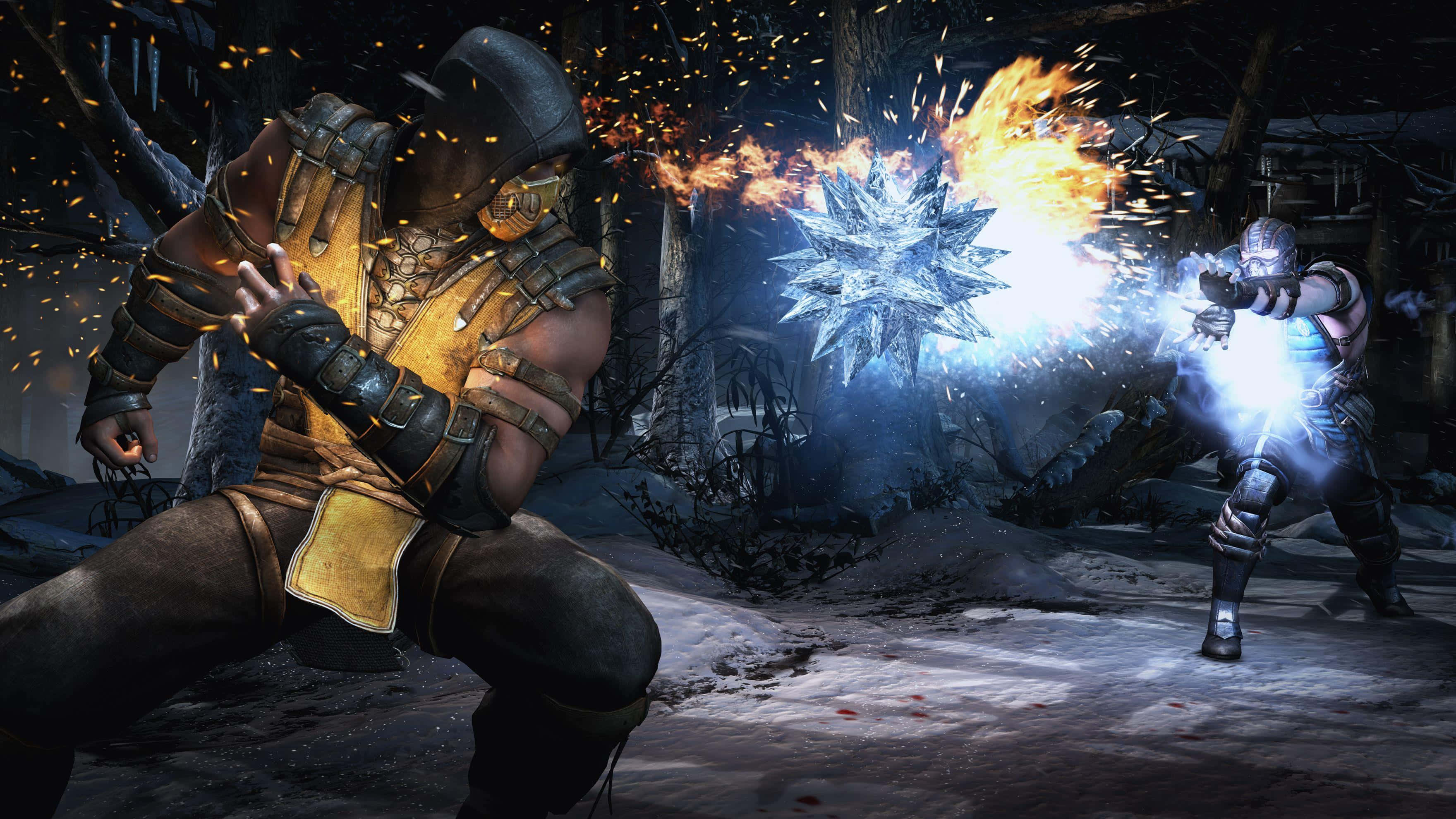 Mortal Kombat X 桌布 壁紙 — 兩名裝甲戰士在雪地森林中交鋒，熾熱與冰霜的能量爆炸在他們之間爆發。