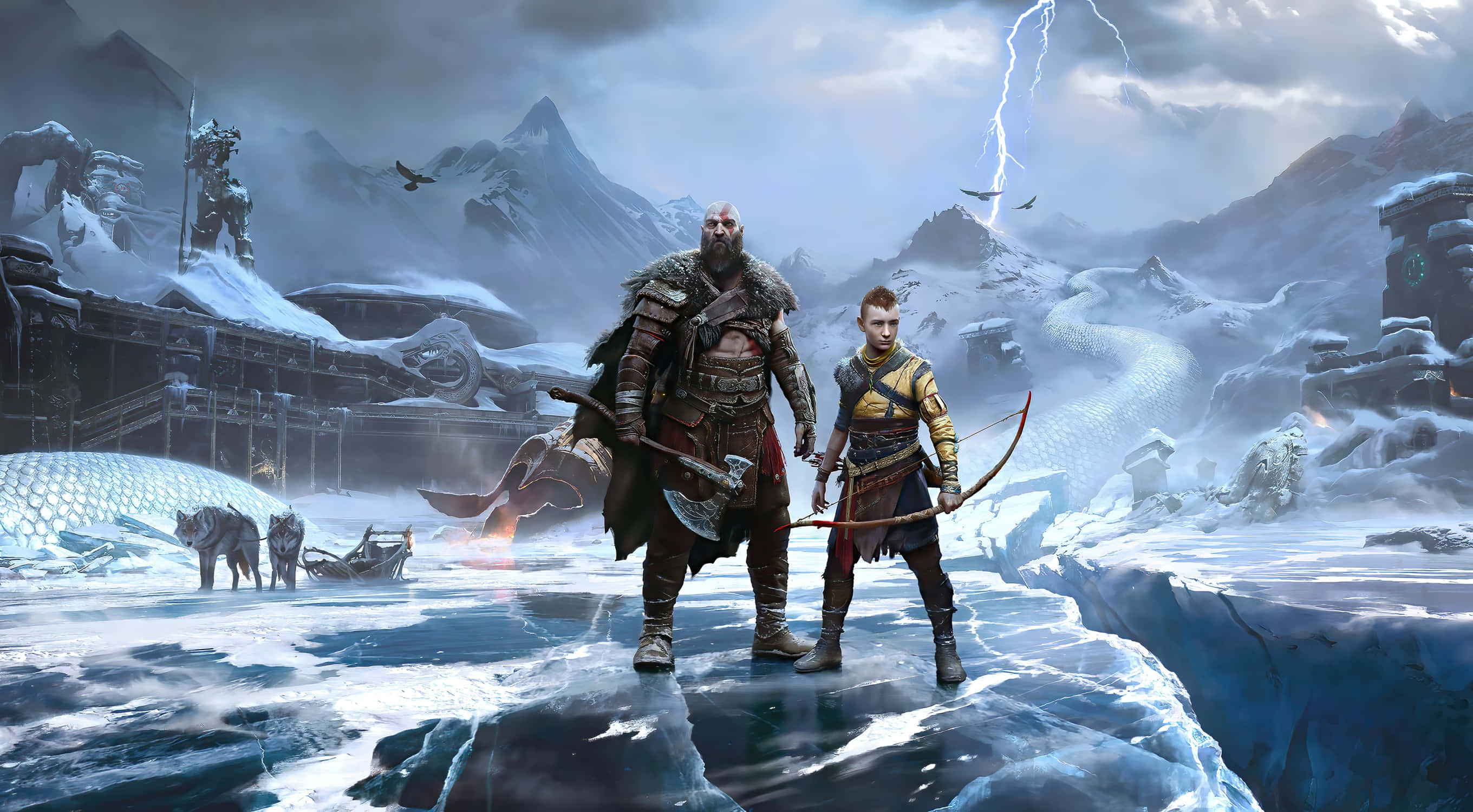 God Of War Characters 桌布 壁紙 — 兩名裝甲戰士站在冰雪地形上，身處白雪覆蓋的山區景觀，頭頂有閃電劃過。