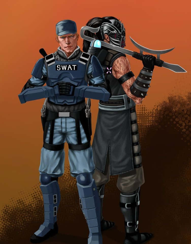 Mortal Kombat Kabal 桌布 壁紙 — 兩名裝甲戰士背靠背站立，一人身穿藍色特警裝備，另一人身穿黑色並手持彎刀，背景為橙色漸變。